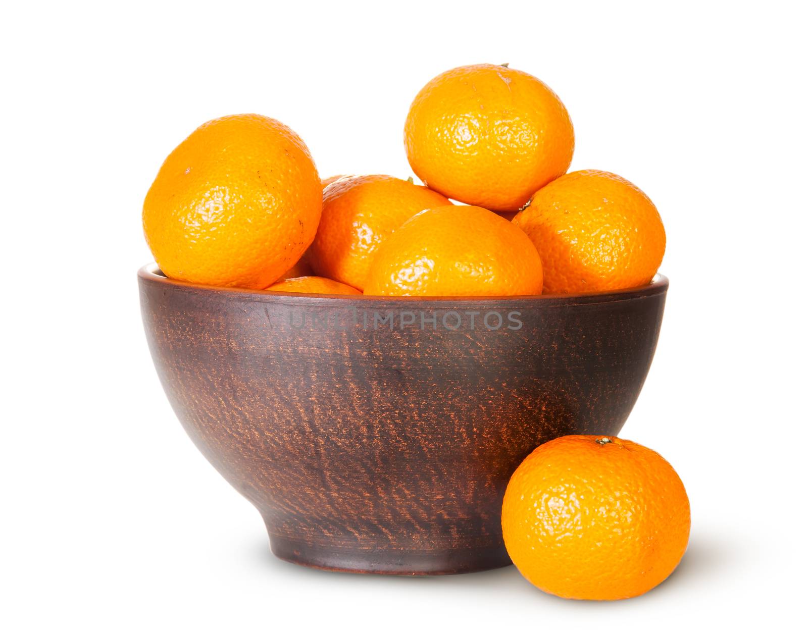 Tangerines In A Ceramic Bowl And One Near Isolated On White Background