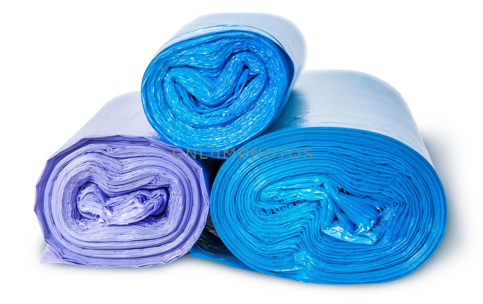 Three rolls of plastic garbage bags top and front view isolated on white background