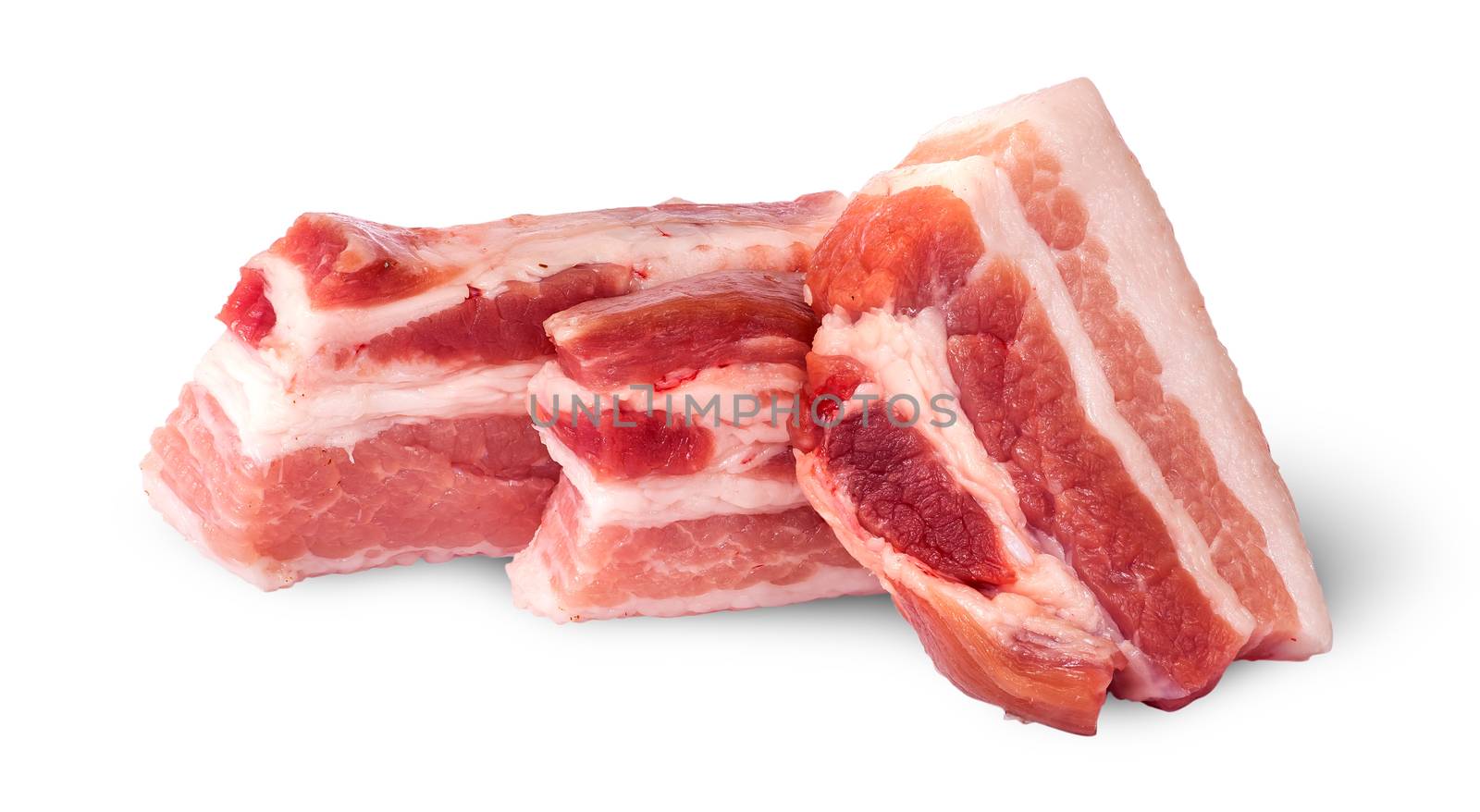 Three pieces of bacon on top view isolated on white background