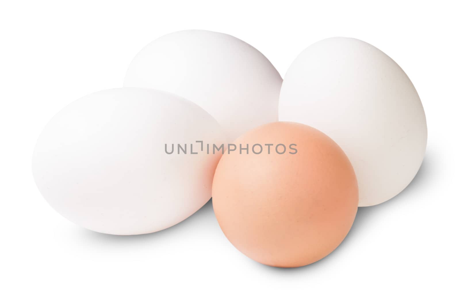 Three White And One Brown Egg Isolated On White Background