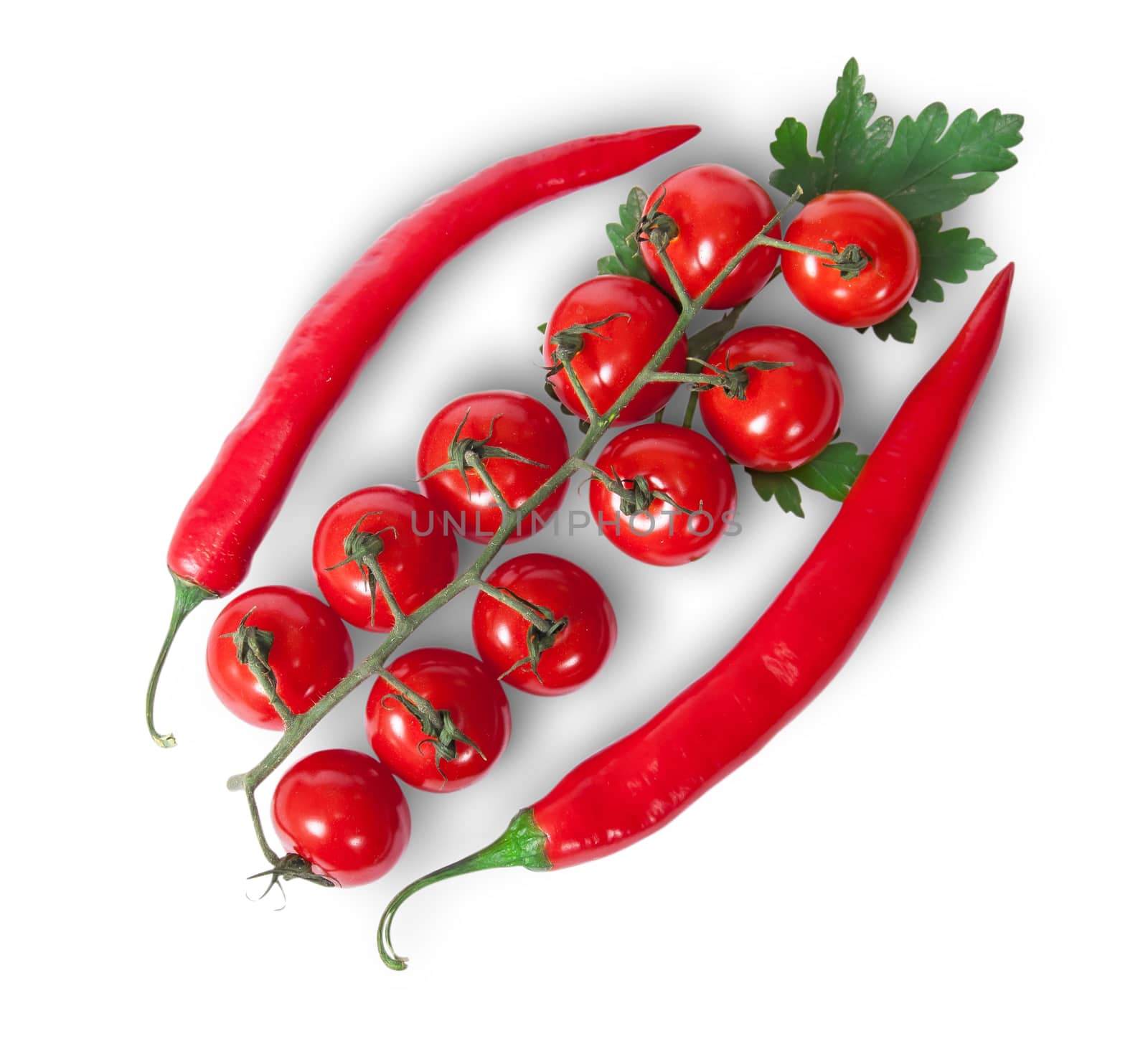 Two chili pepper and cherry tomatoes on stem with parsley by Cipariss