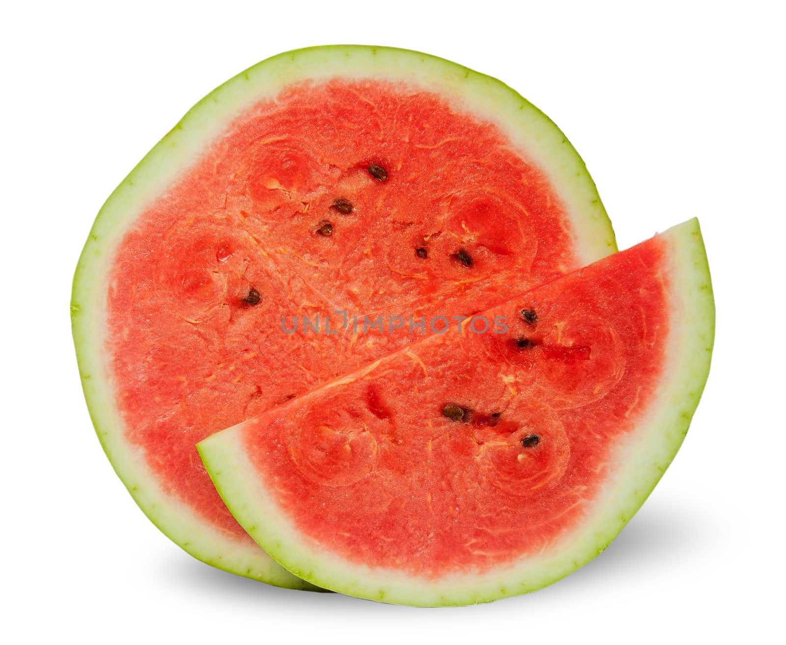 Two different slices of ripe watermelon standing next by Cipariss