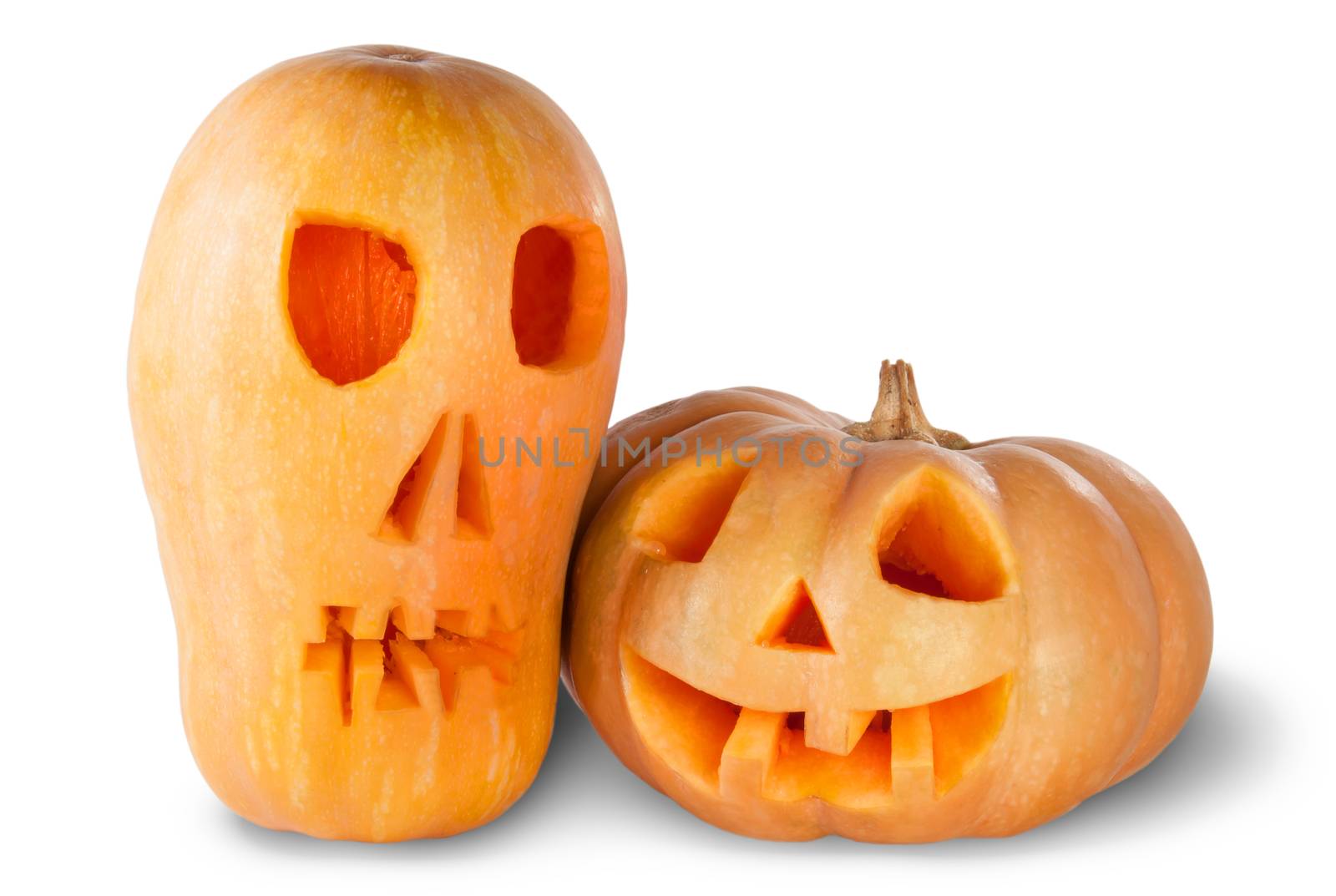 Two Jack O'Lantern Halloween Pumpkins Isolated On White Background