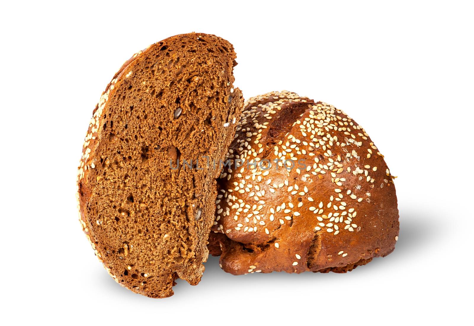 Two halves of rye bread with sesame seeds isolated on white background