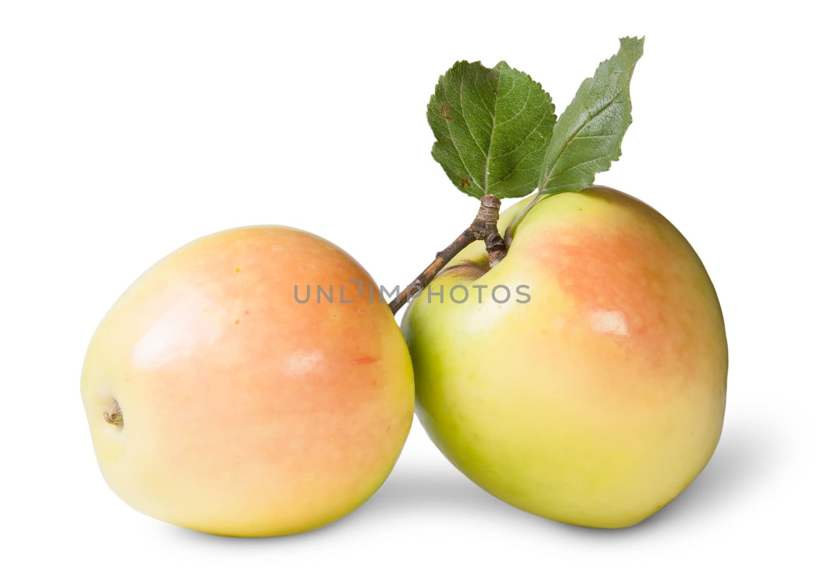 Two Juicy Apple With Green Leaf Isolated On White Background