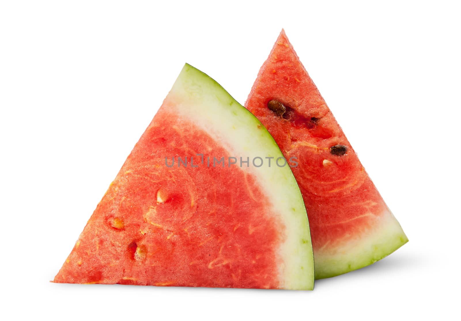 Two pieces of ripe watermelon each other isolated on white background