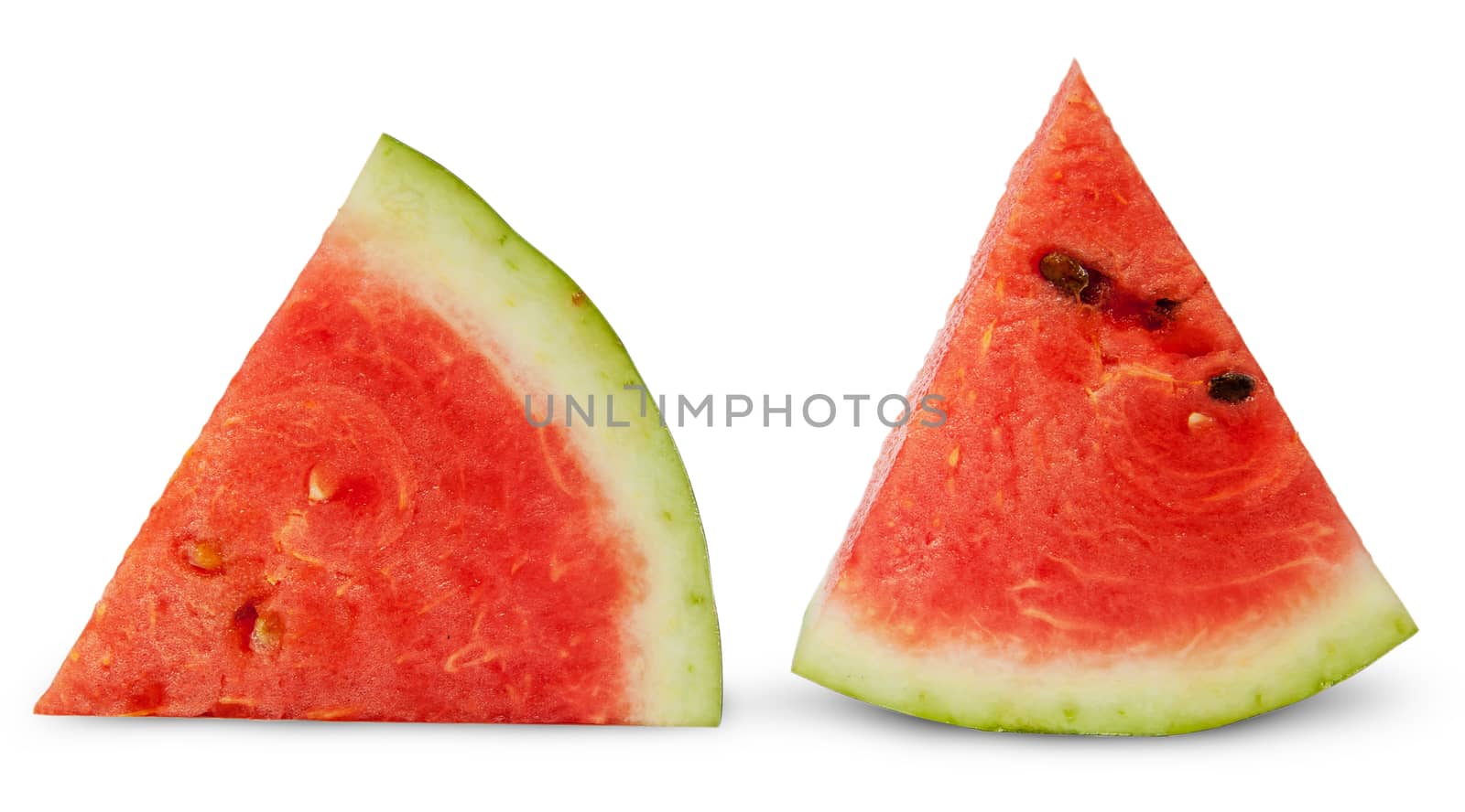 Two red ripe watermelon piece isolated on white background