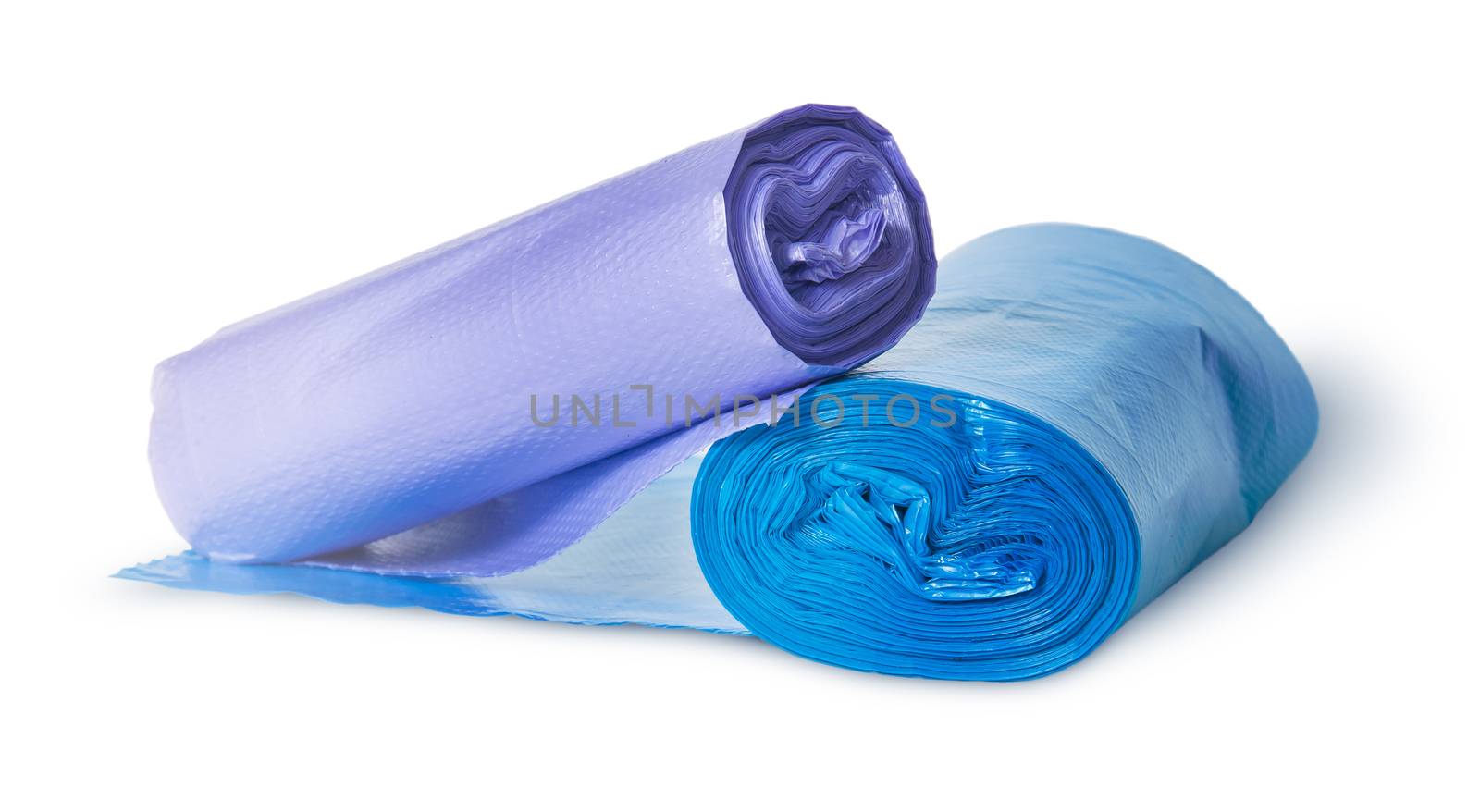 Two rolls of plastic garbage bags isolated on white background