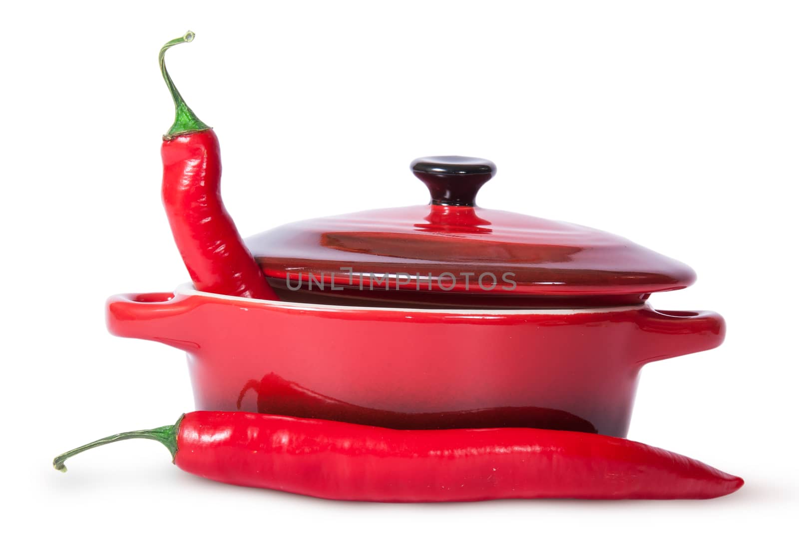 Two red chili peppers and saucepan with lid by Cipariss