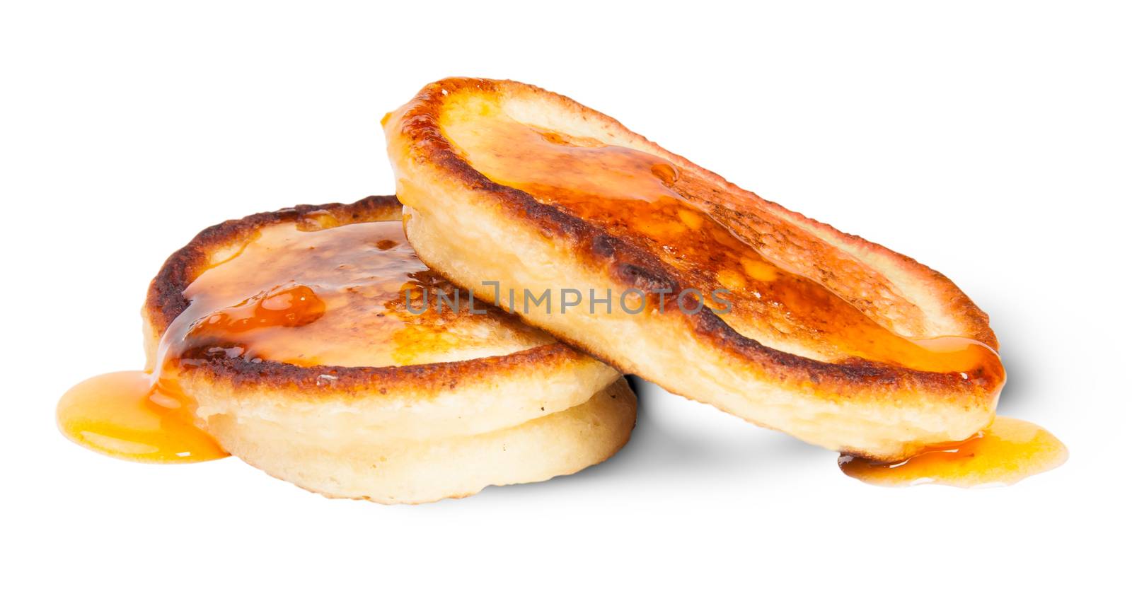 Two Sweet Pancakes With Maple Syrup Isolated On White Background