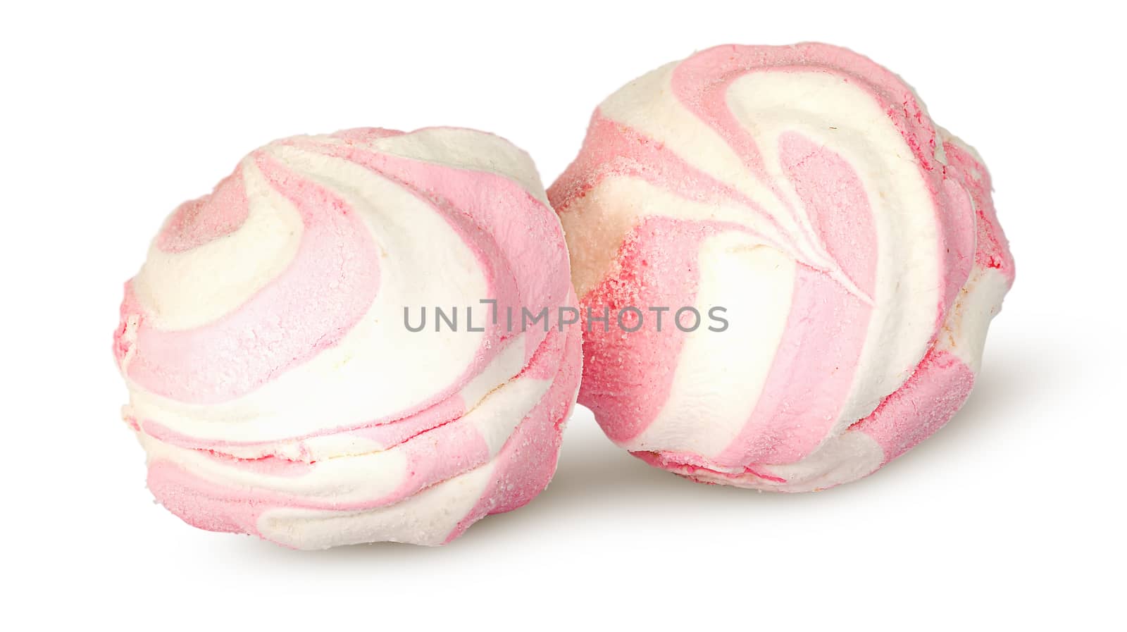 Two white and pink marshmallows each other isolated on white background