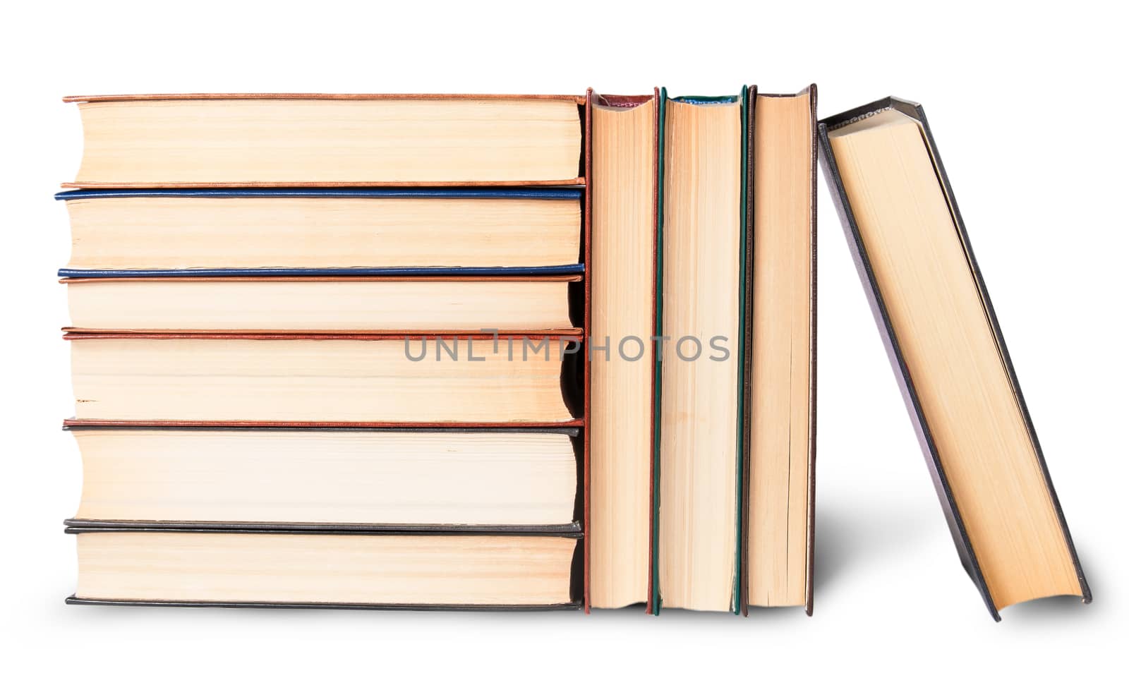 Vertical and horizontal stacks of old books isolated on white background
