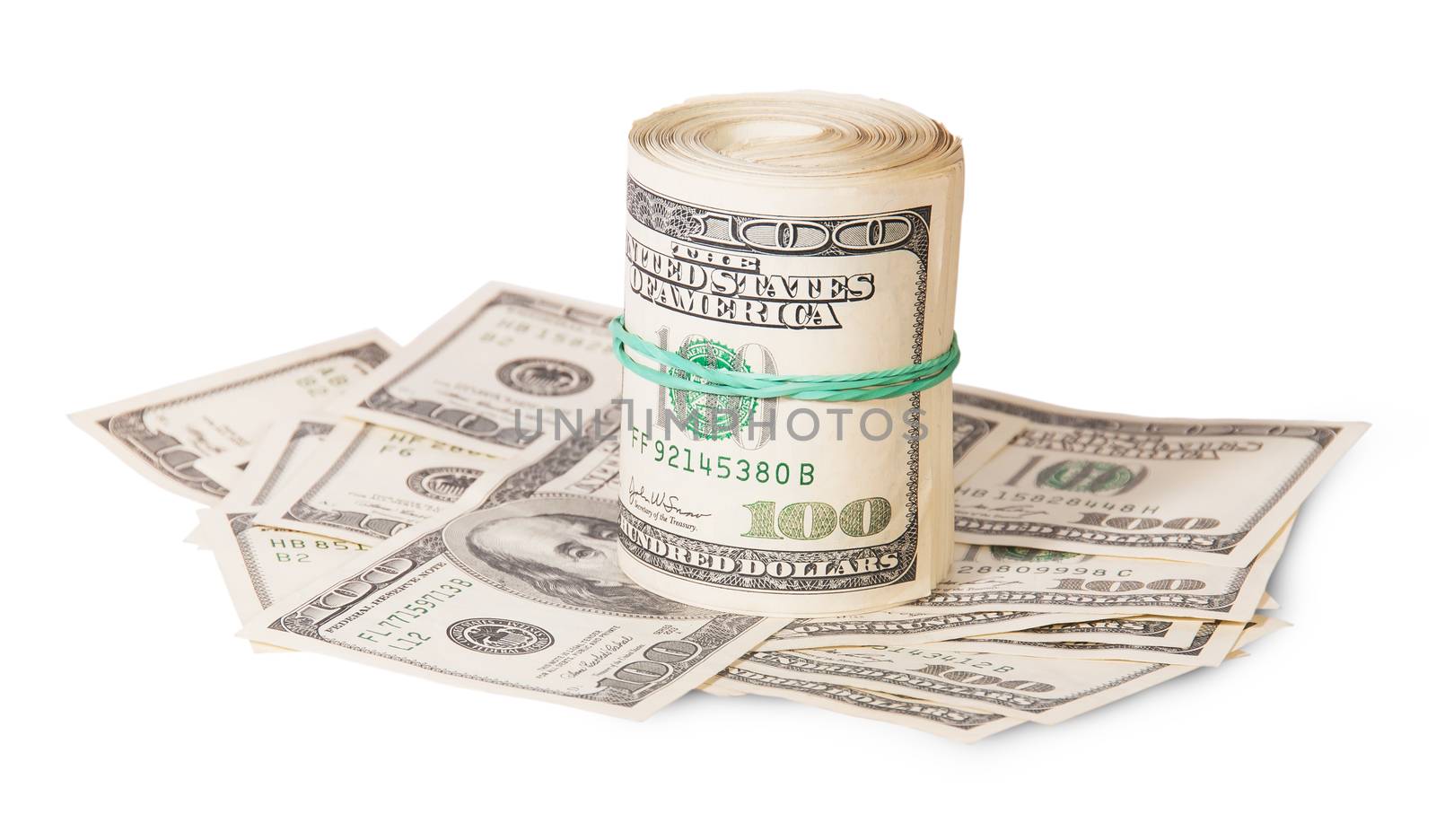 Vertical roll on the hundred dollar bills isolated on white background