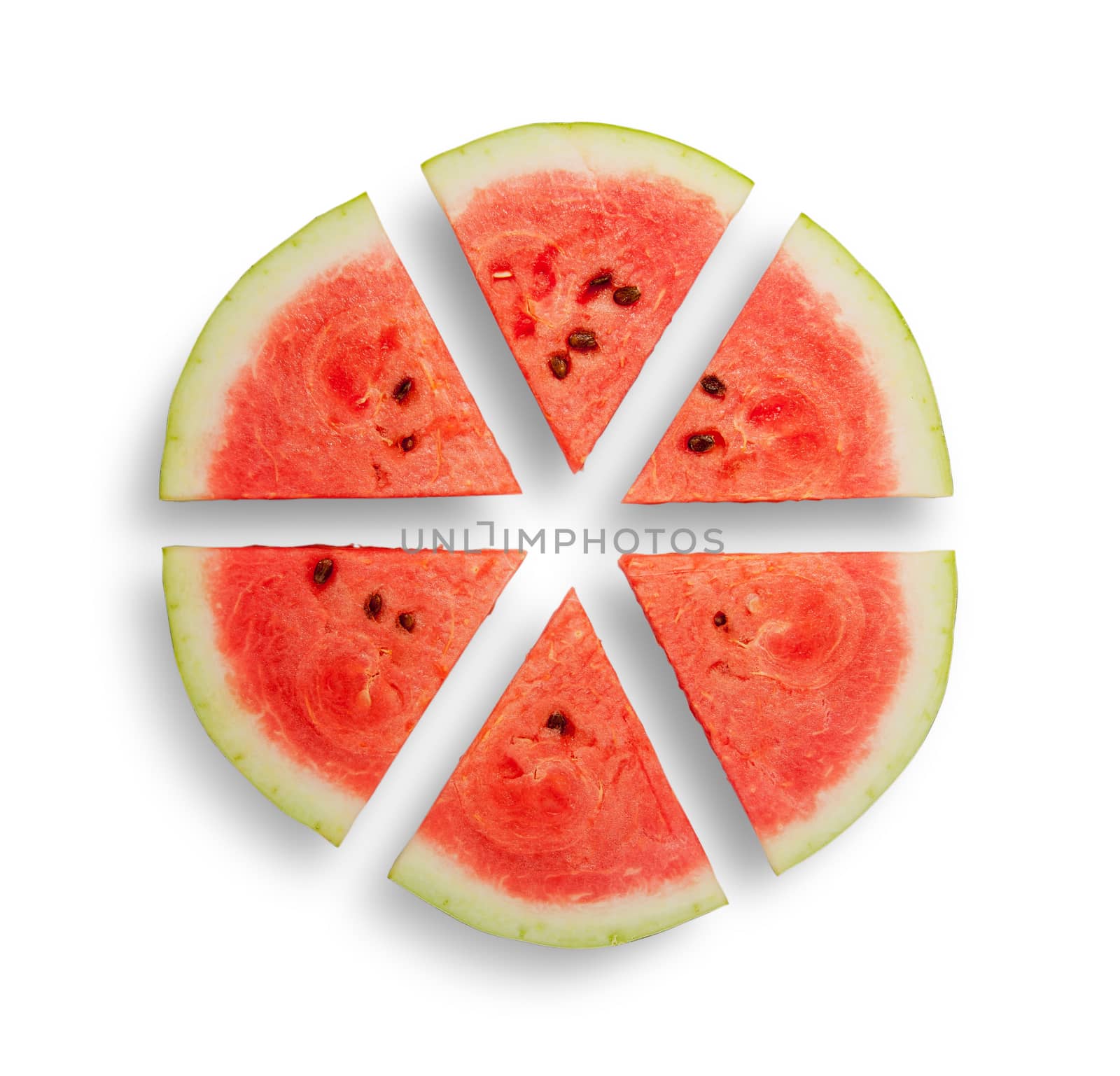 Watermelon cut into six segments isolated on white background