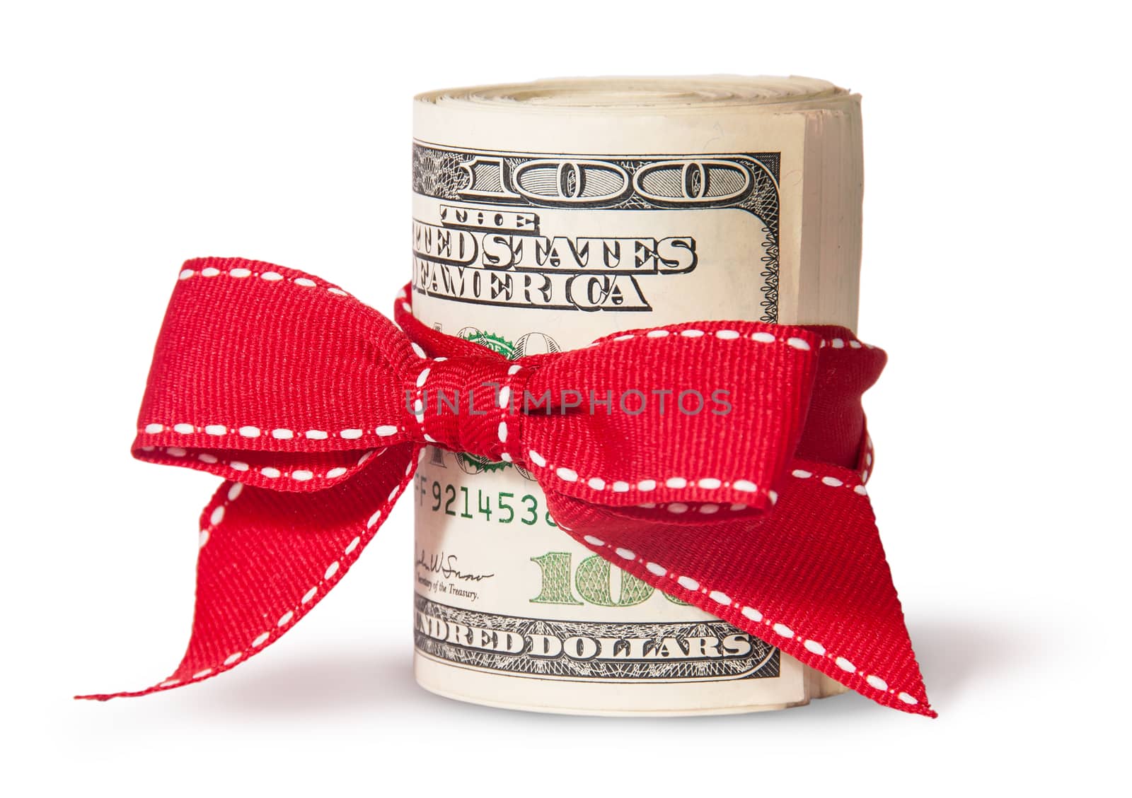 Vertical Roll Of One Hundred Dollar Bills Tied With Red Ribbon Isolated On White Background