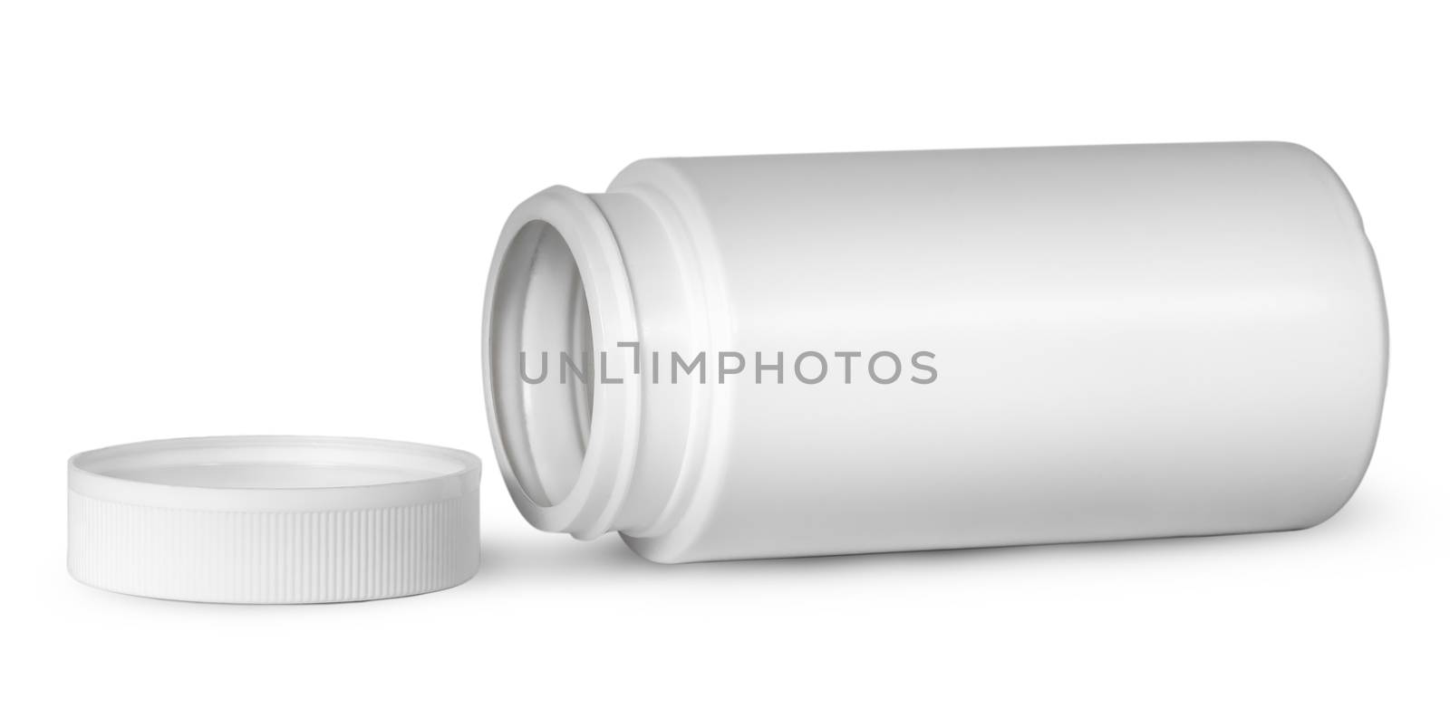 White plastic bottle for vitamins lying near lid isolated on white background