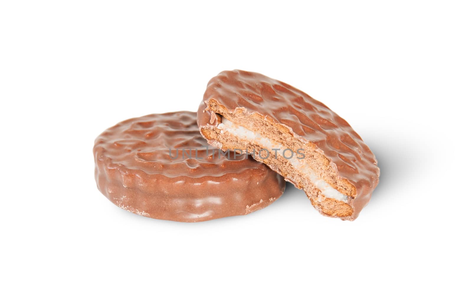 Whole And Bitten Off Chocolate Cookies Isolated On White Background