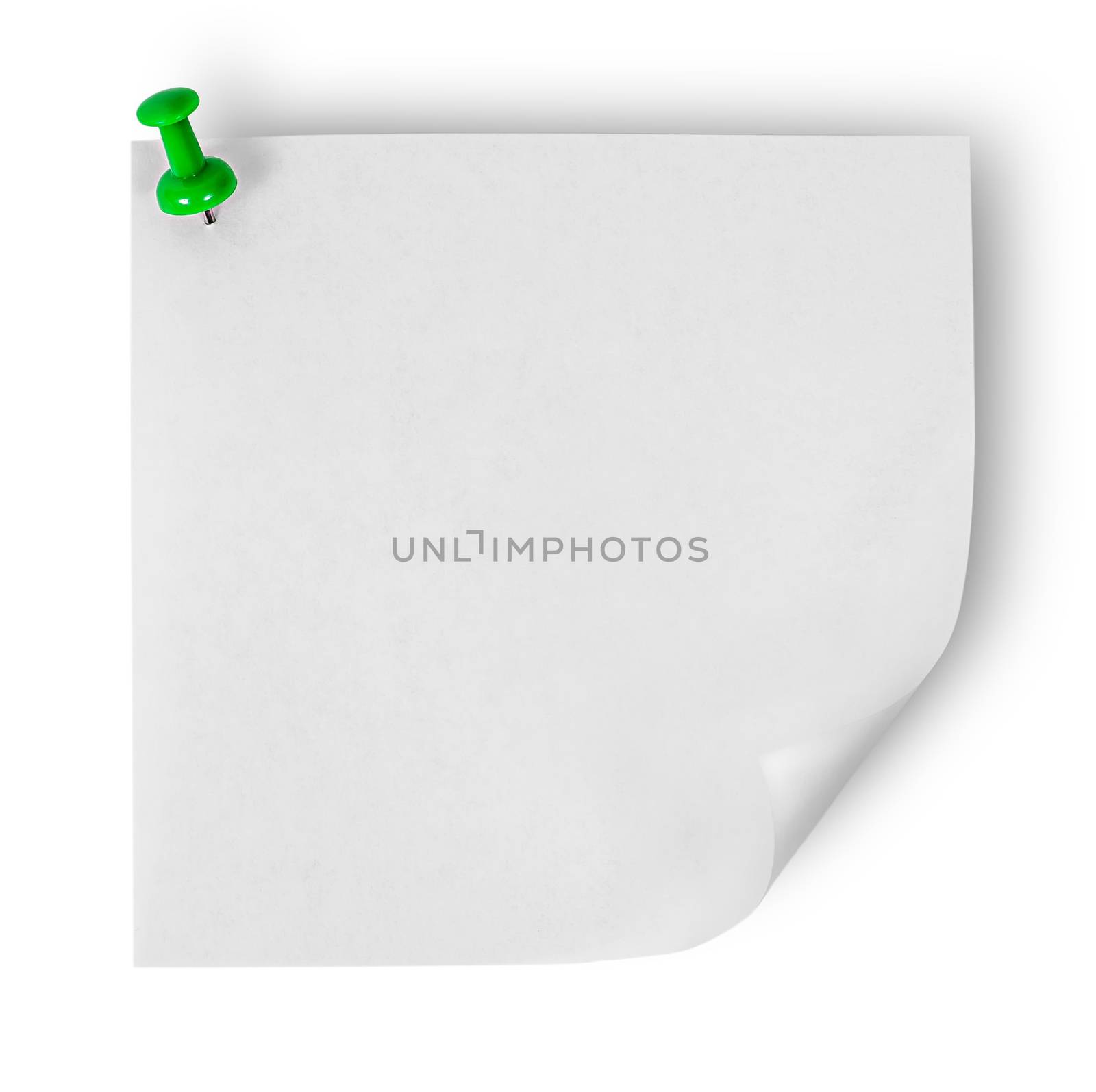 White sticker with the wrapped up corner pinned green office pin isolated on white background