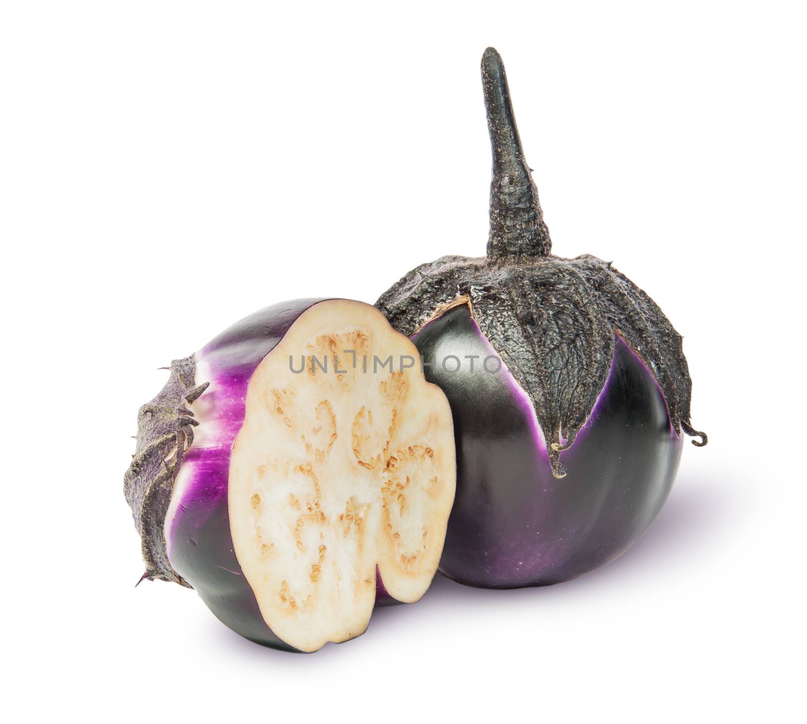 Whole and half round eggplant isolated on white background