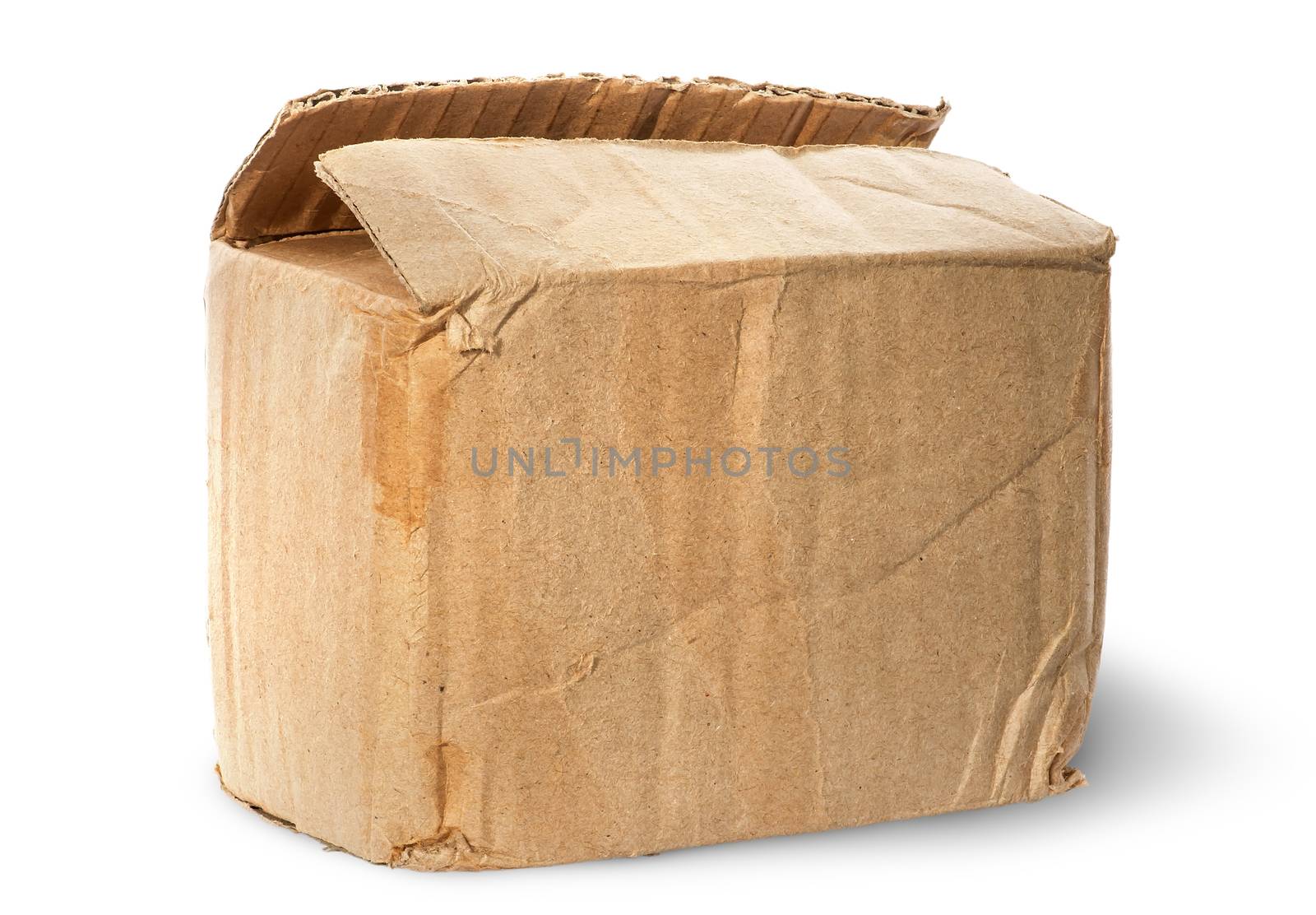 Worn old cardboard box isolated on white background