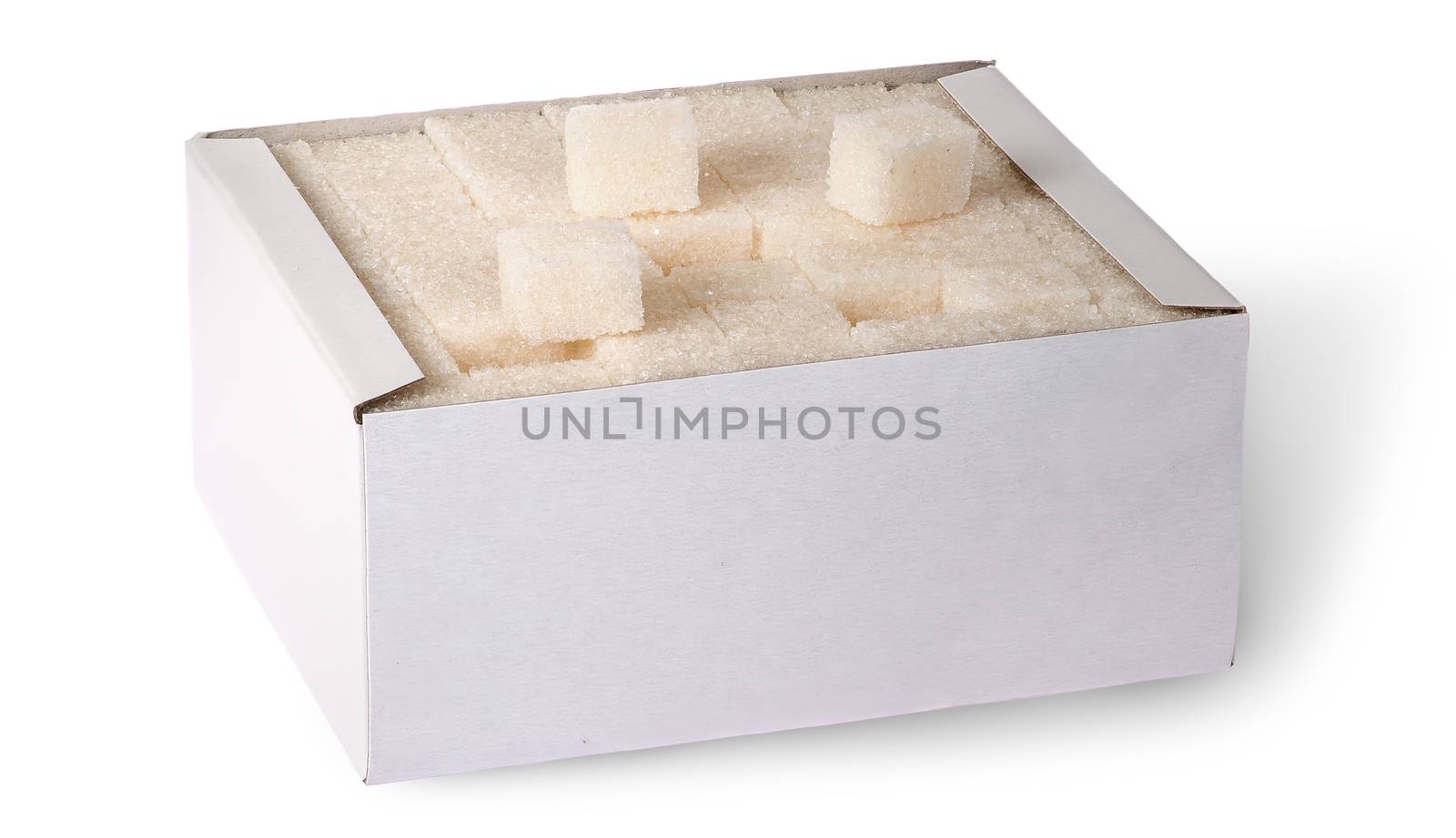 White sugar cubes in a box top view isolated on white background