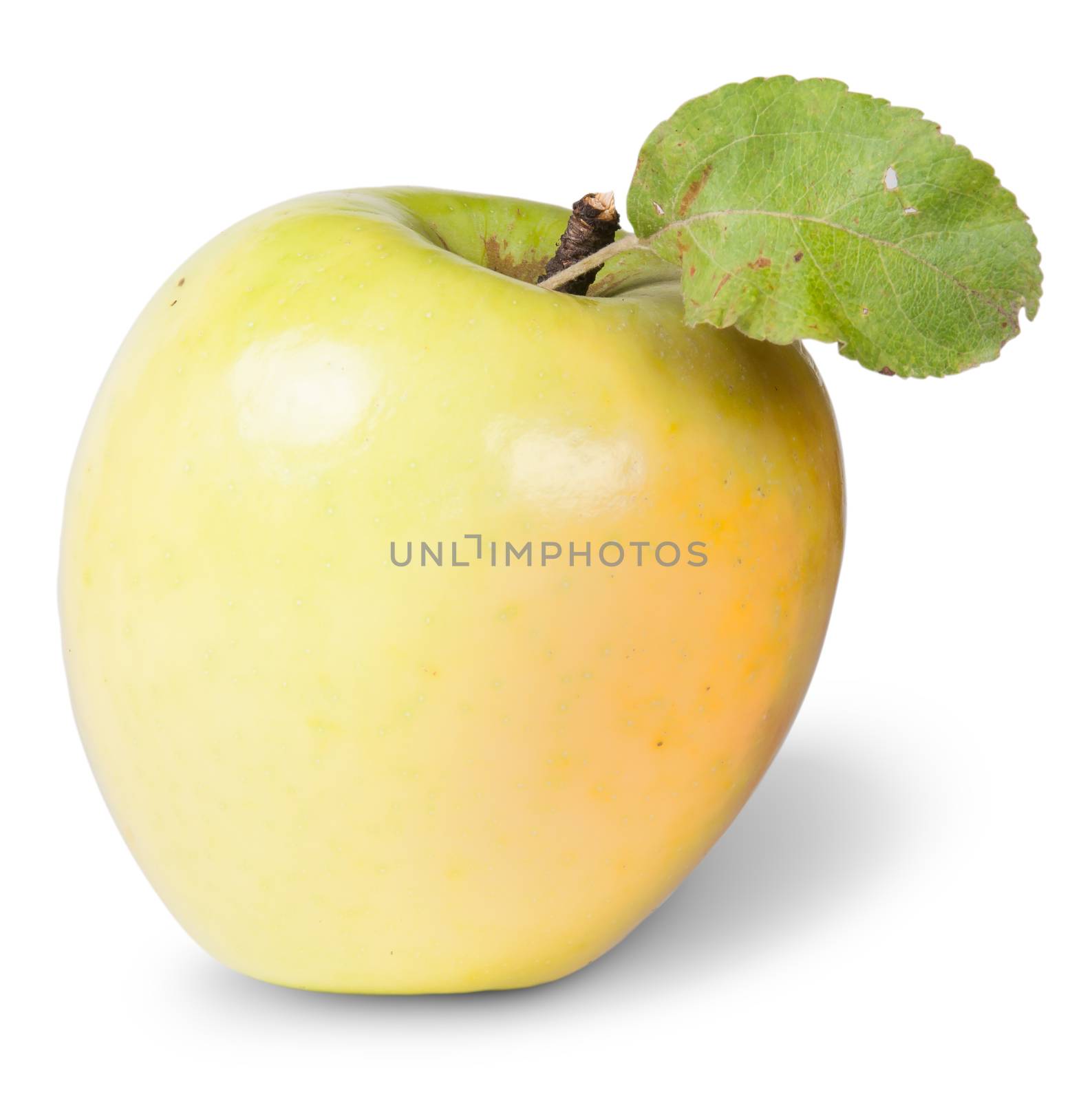 Yellow Apple With Green Leaf Isolated On White Background