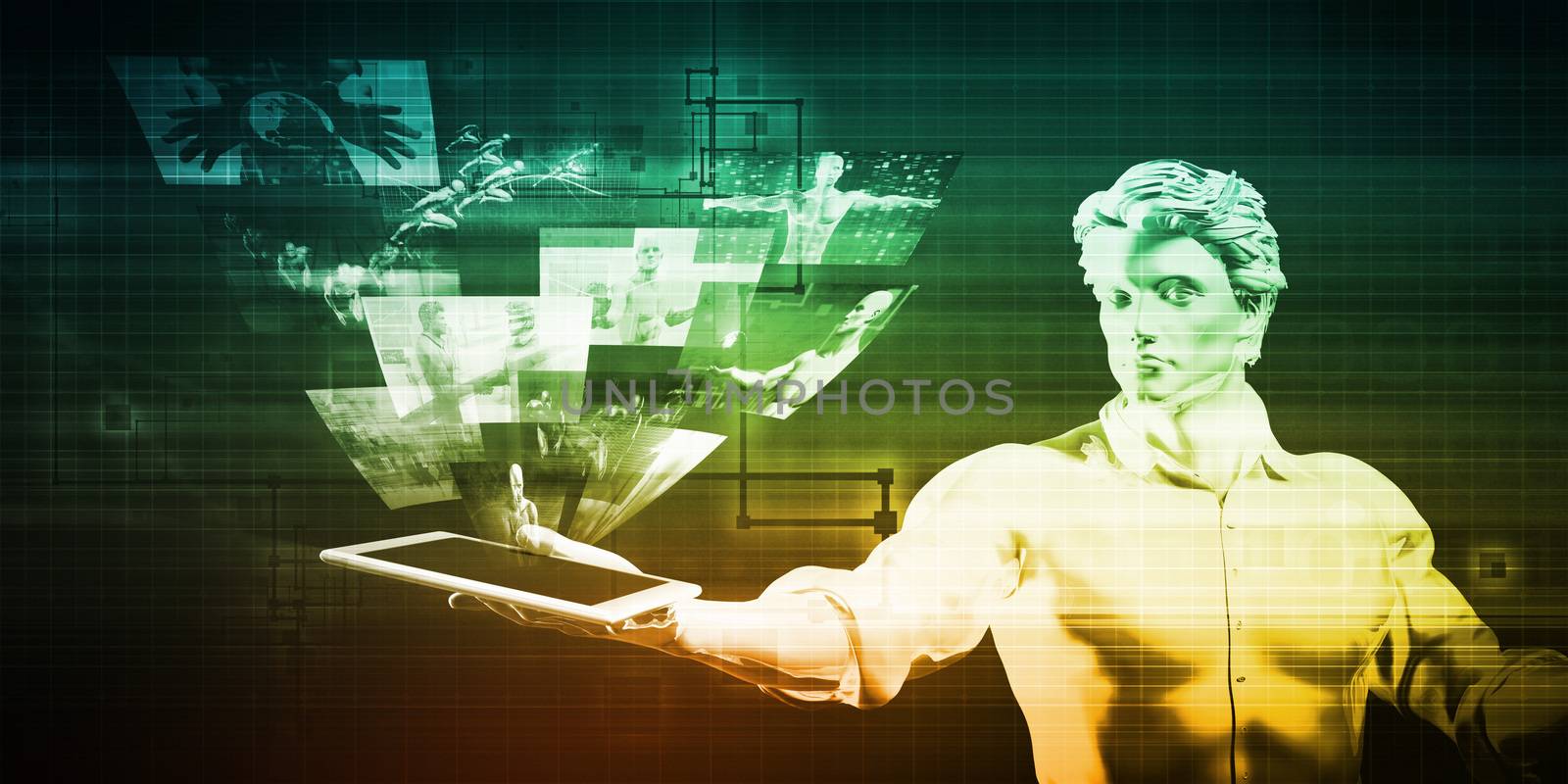 Man Holding Tablet with Multimedia Content Tabs Coming Out