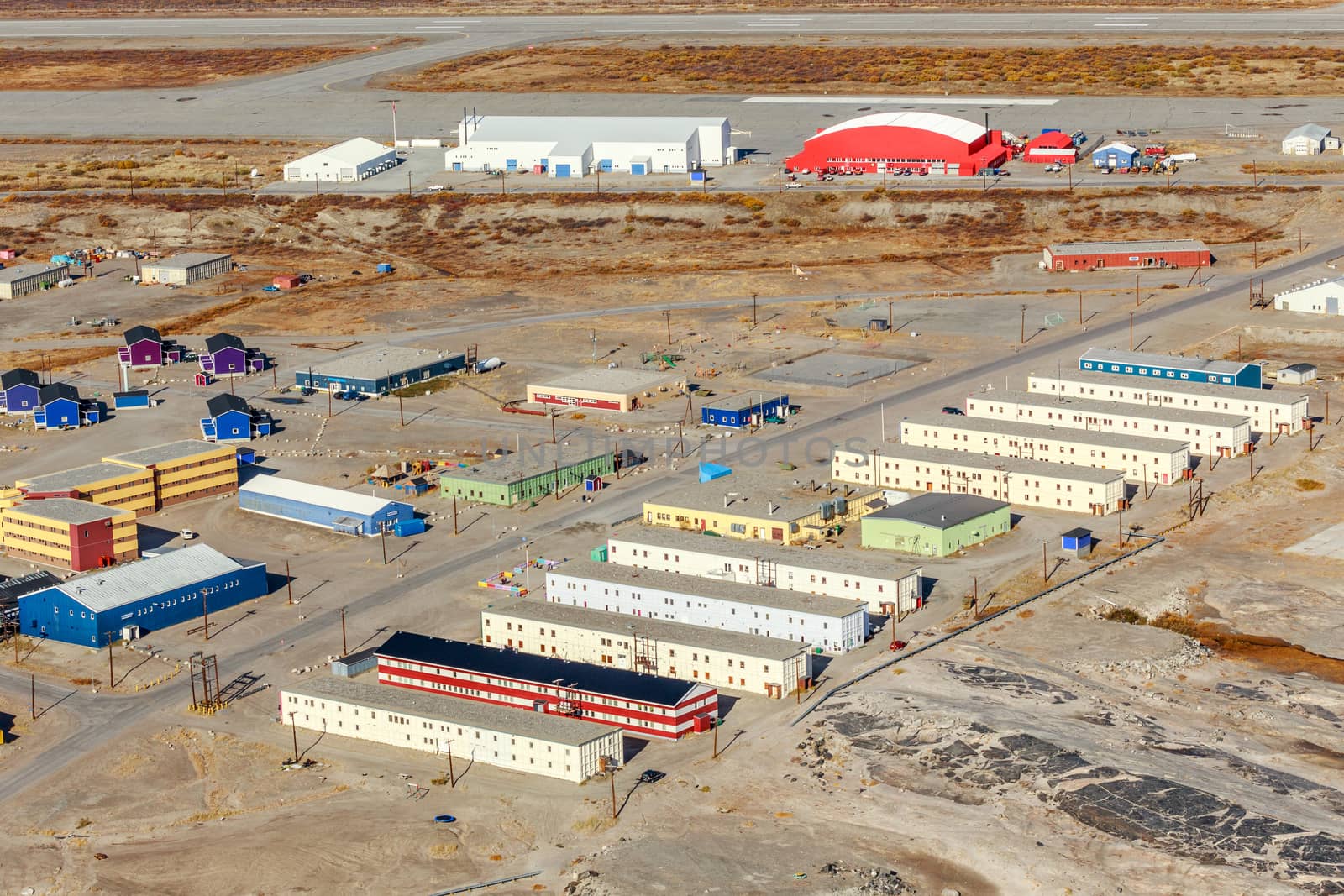 Aerial view on the living blocks and runway of Kangerlussuaq air by ambeon