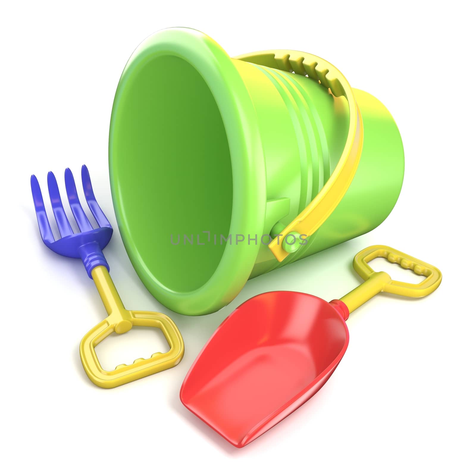 Toy bucket, rake and spade. 3D render illustration isolated on white background