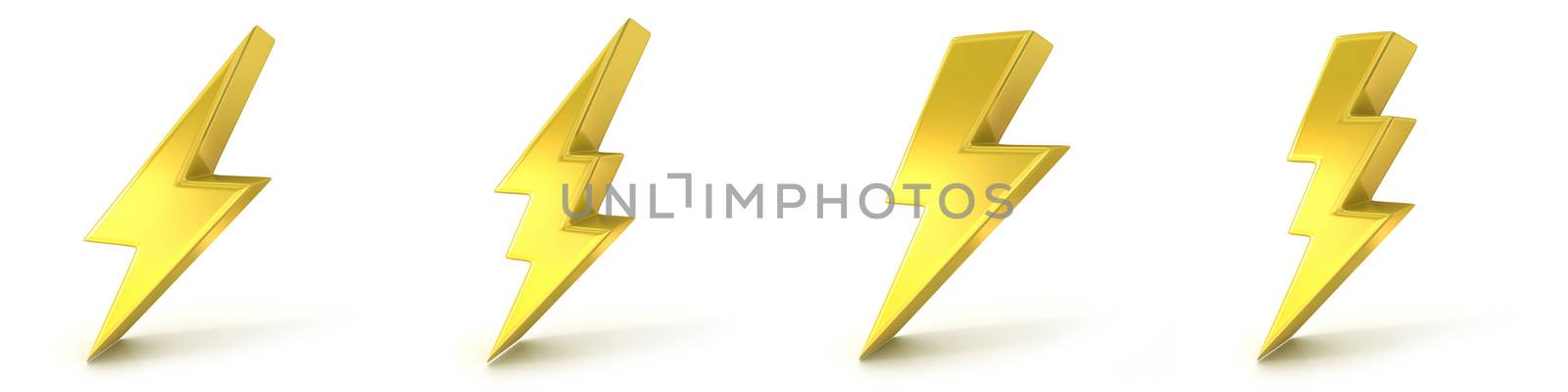 Lightning symbols, 3D golden signs. Render illustration isolated on white background