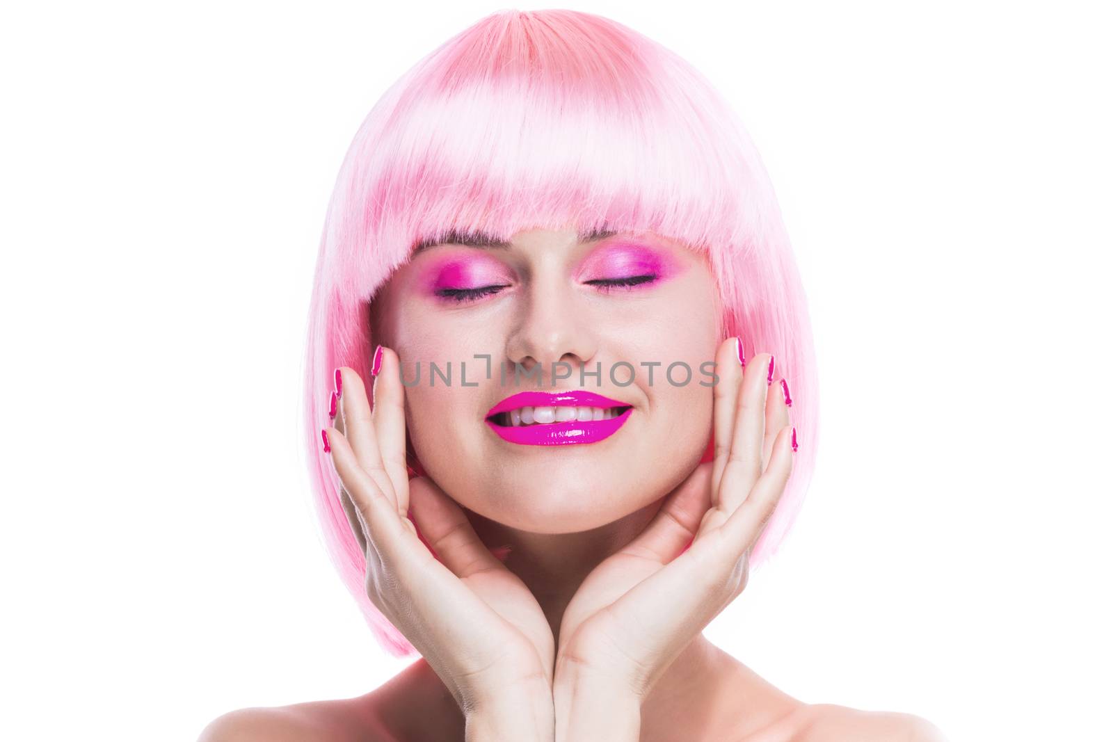 Portrait of girl with glamour make-up and pink hair isolated on white background