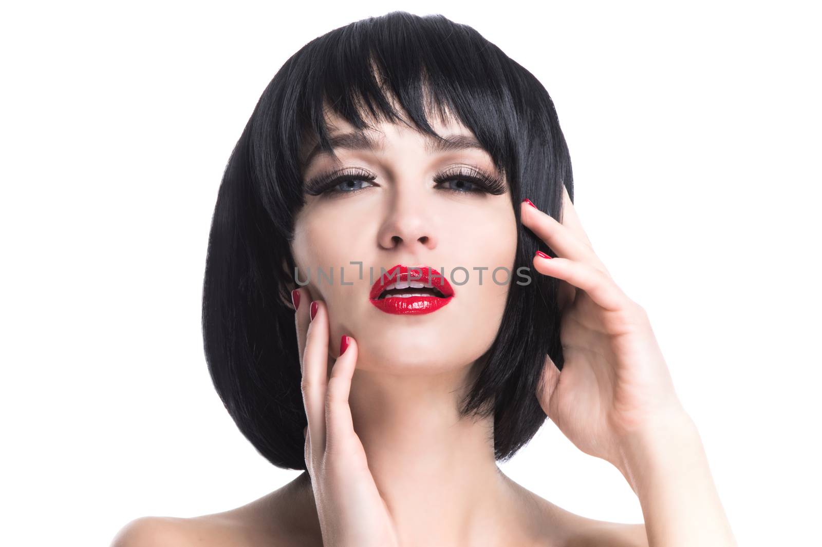 Sensual glamour portrait of beautiful woman model lady with evening makeup with red lips isolated on white background