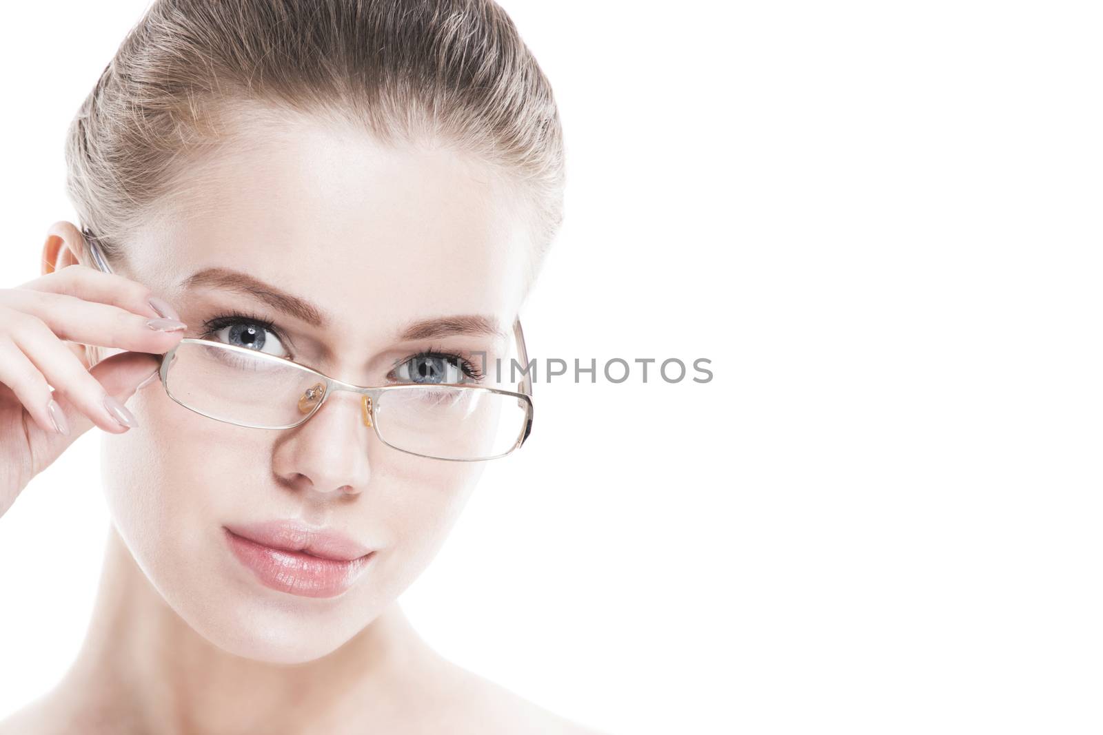 Portrait of young perfect woman in glasses isolated on white background