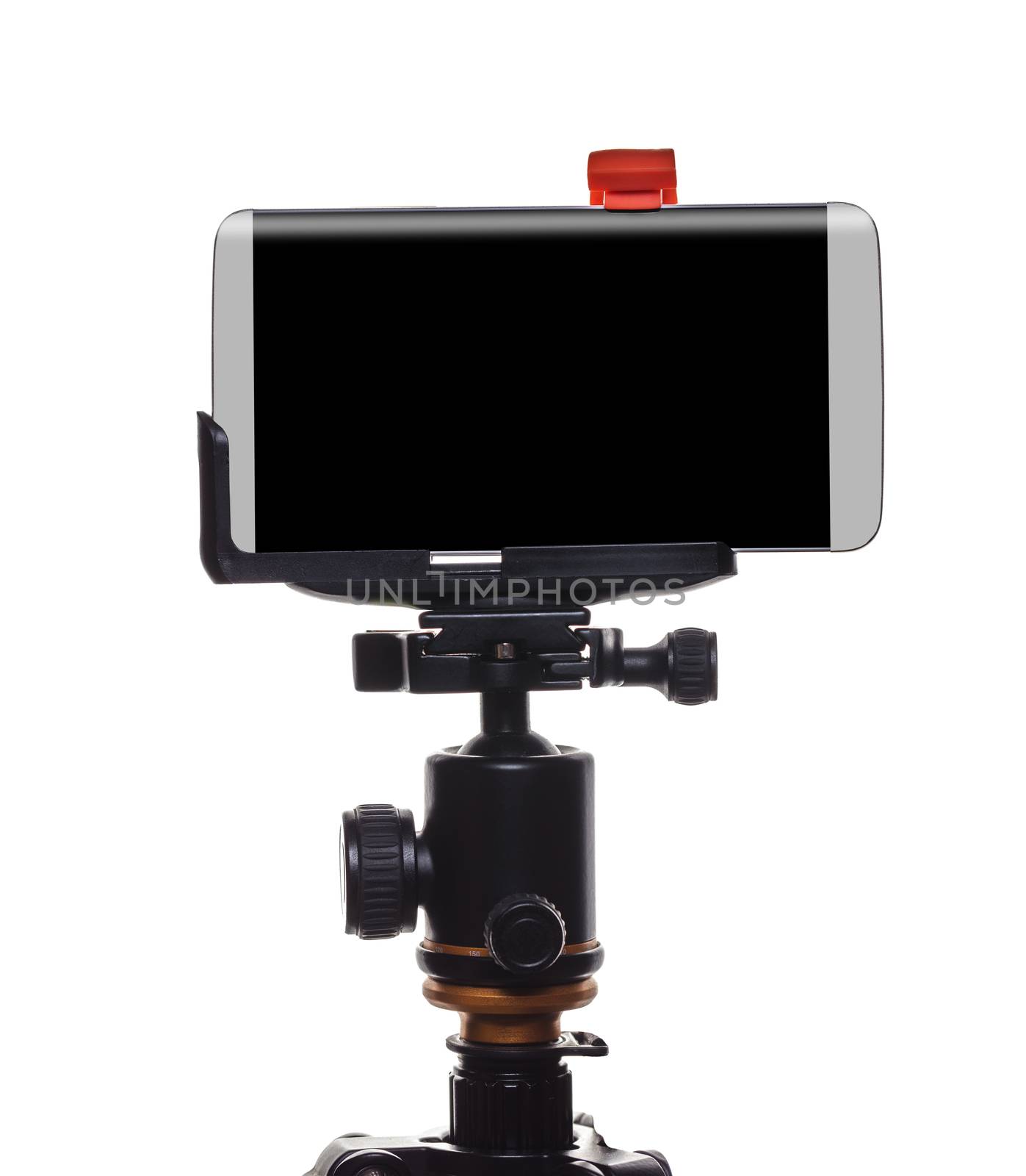 Mobile phone on a tripod, white isolated background