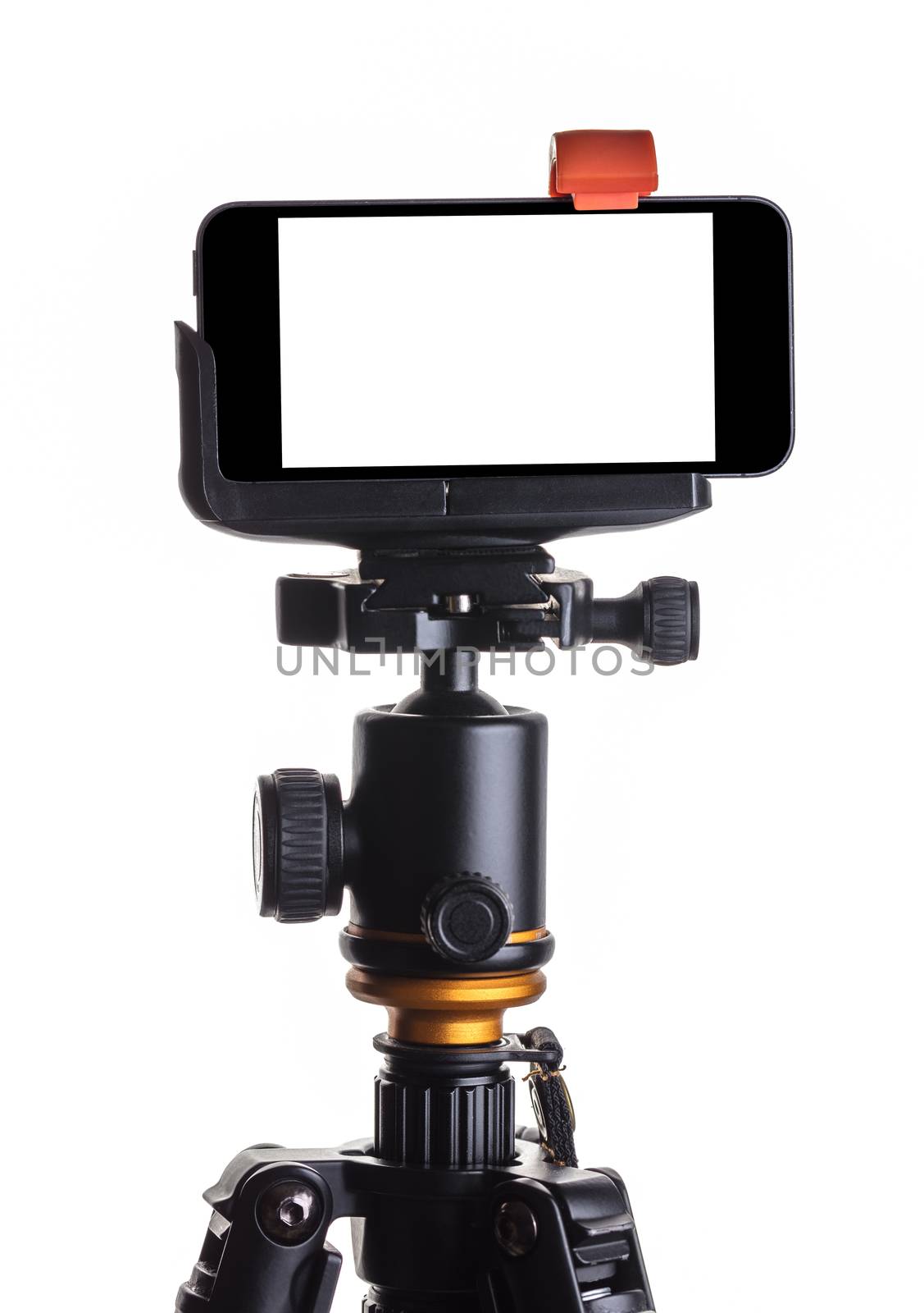 Mobile phone on a tripod, white isolated background
