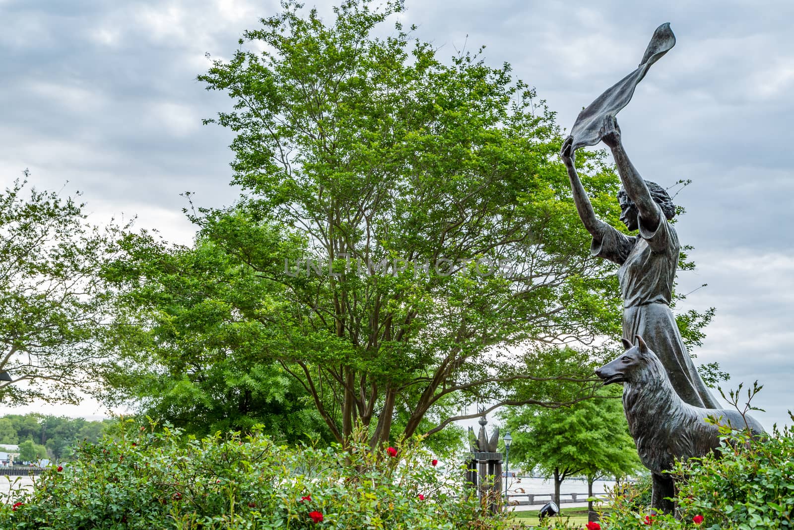 The waving girl greets ships entering the port of Savannah, Georgia