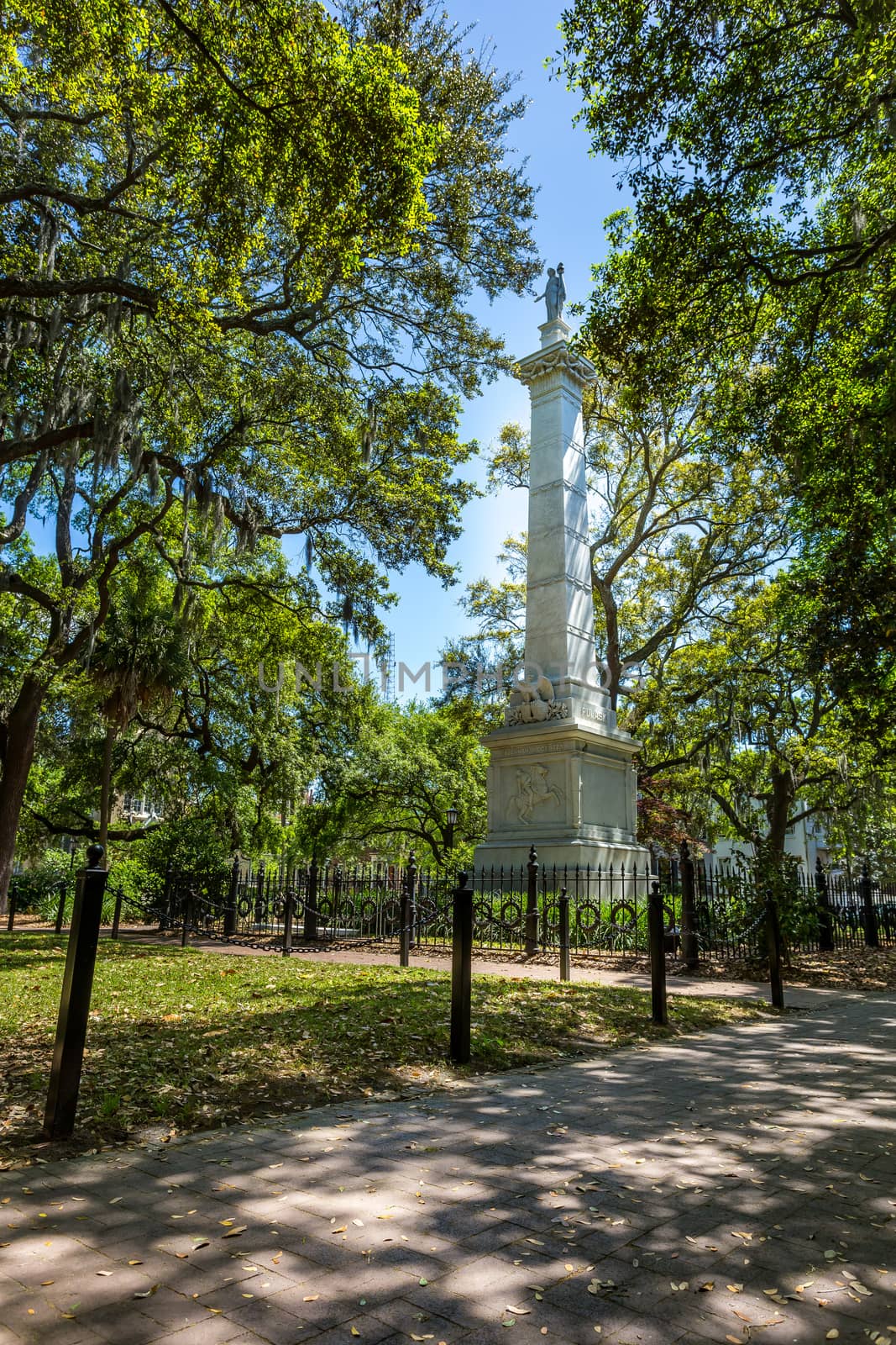 The Casimir Pulaski Monument is the focal point of Monterey Square in Savannah, Georgia.