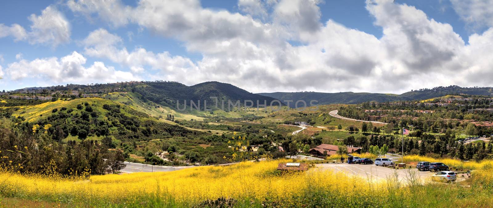 Aliso Viejo Wilderness Park view with yellow wild flowers and green rolling hills from the top hill in Aliso Viejo, California, United States