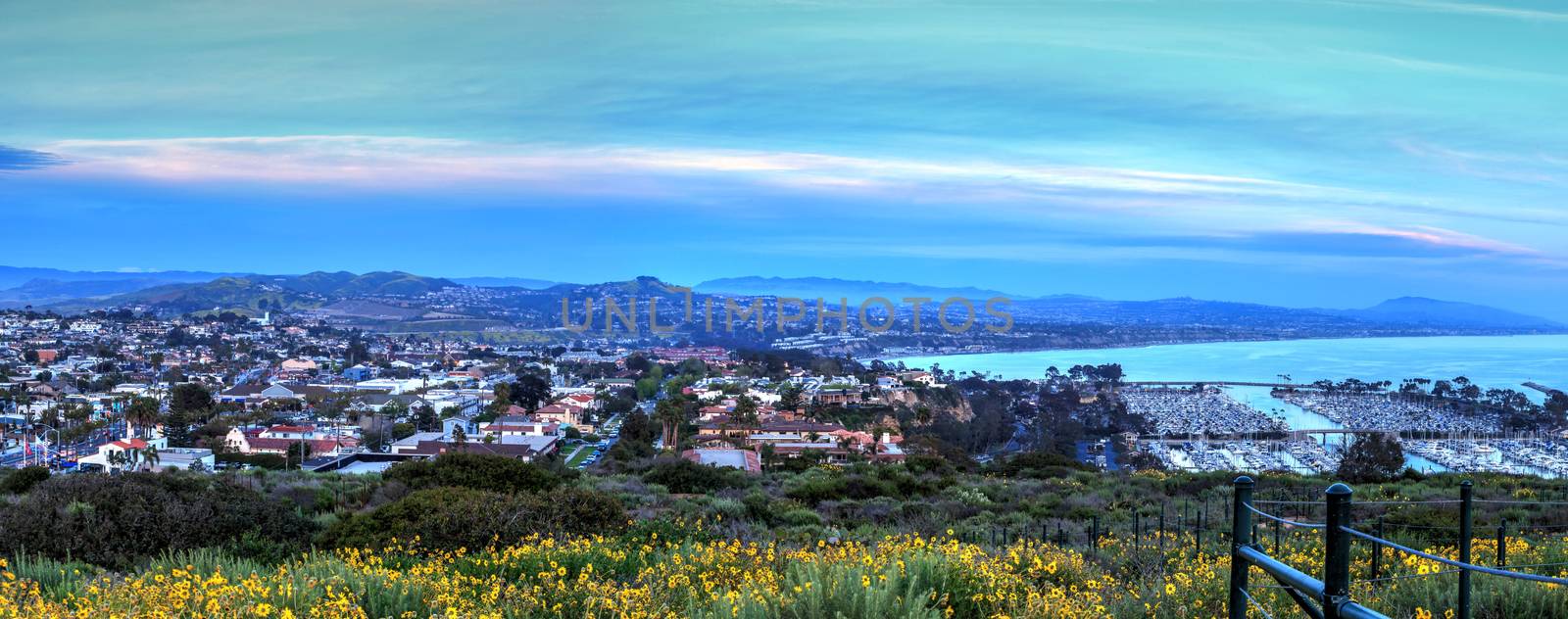 Hiking trail above Dana Point harbor at sunset in Southern California, USA