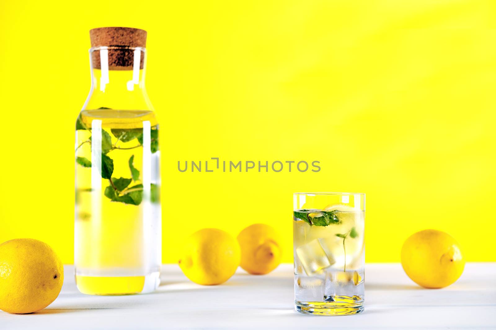 Cold water with lemon and mint on yellow background