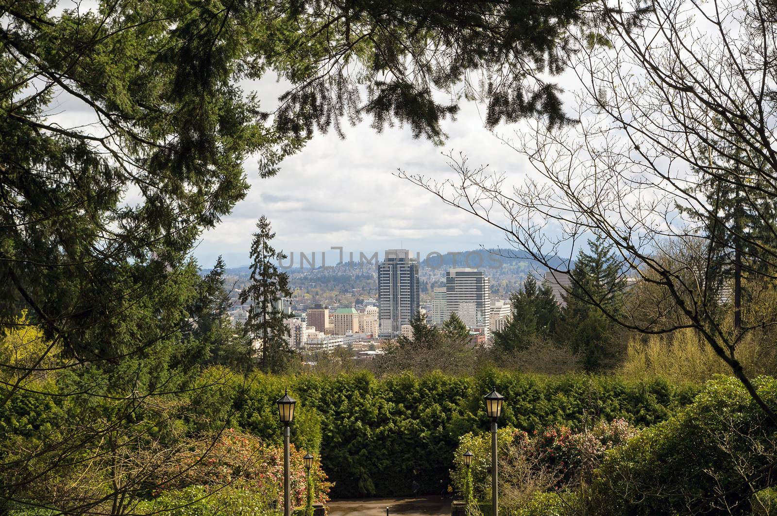 Portland Oregon downtown city view from Washington Park in Spring Season