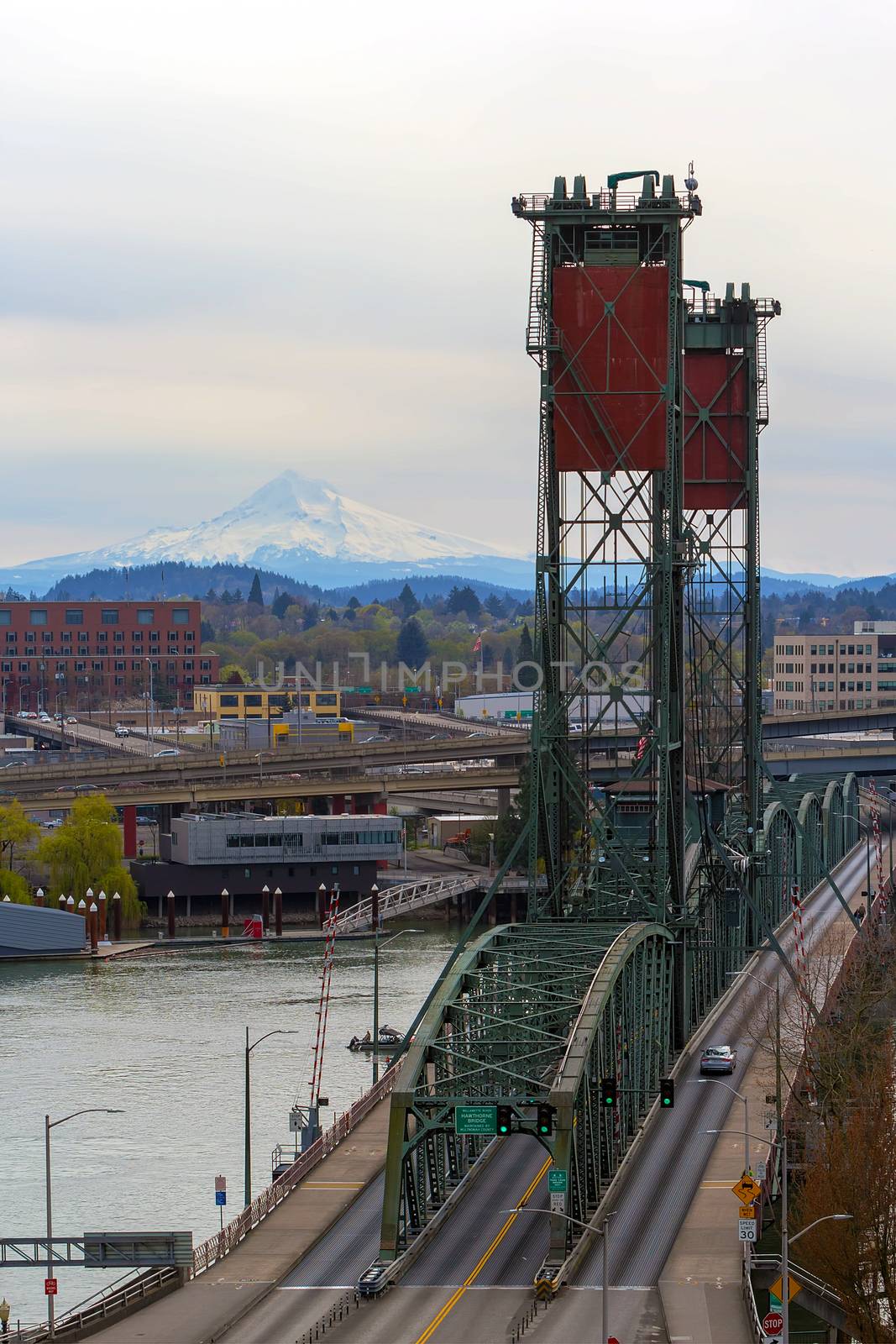 Hawthorne Bridge over Willamette River and Mount Hood view from downtown Portland Oregon