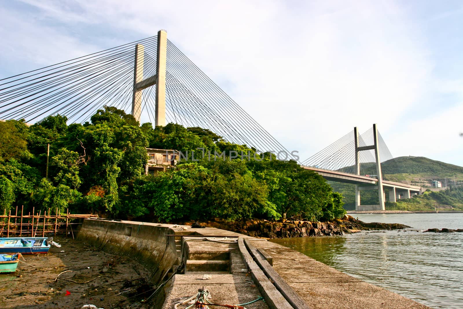 Tsing Ma Bridge with boat in Hong Kong