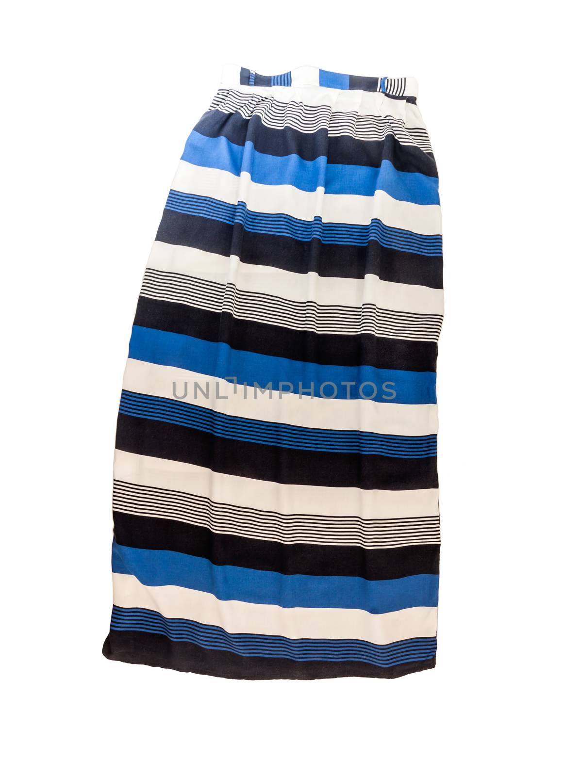 Women's long skirt with a striped multi-colored pattern, isolated on white background.