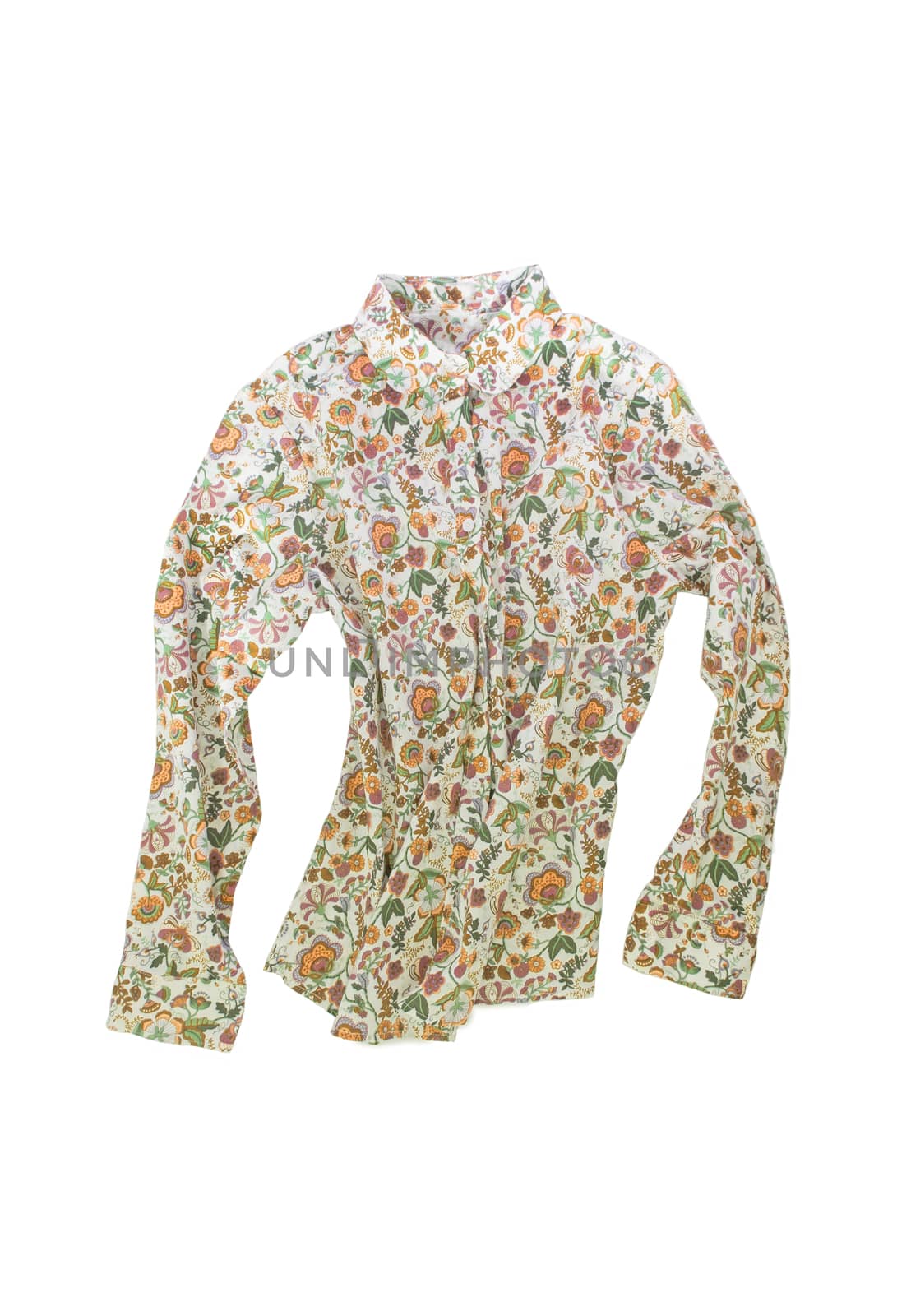 Female shirt, blouse with bright floral pattern, isolated on white background.