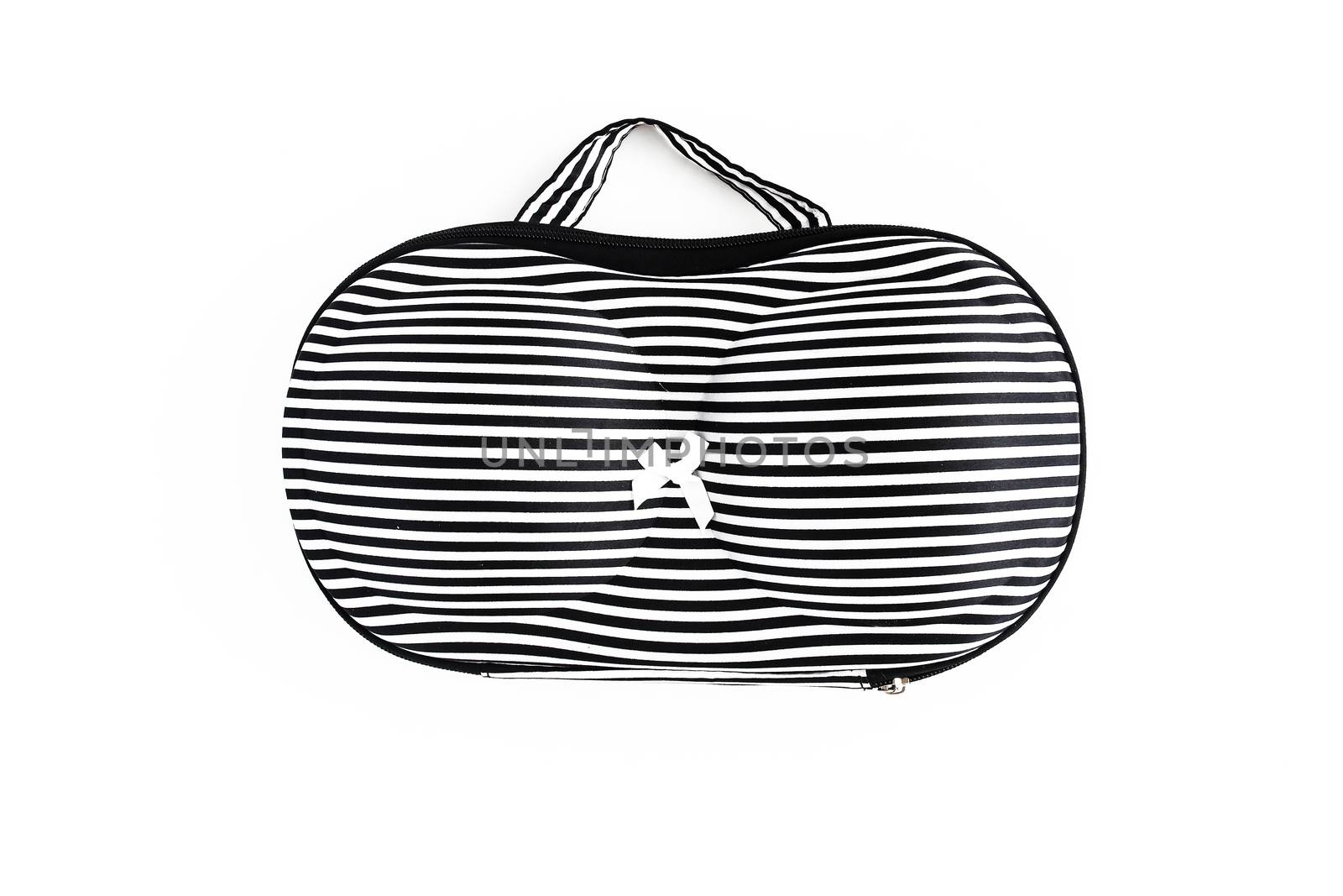 Drawing black and white stripe bag for bras, for traveling, isolated.