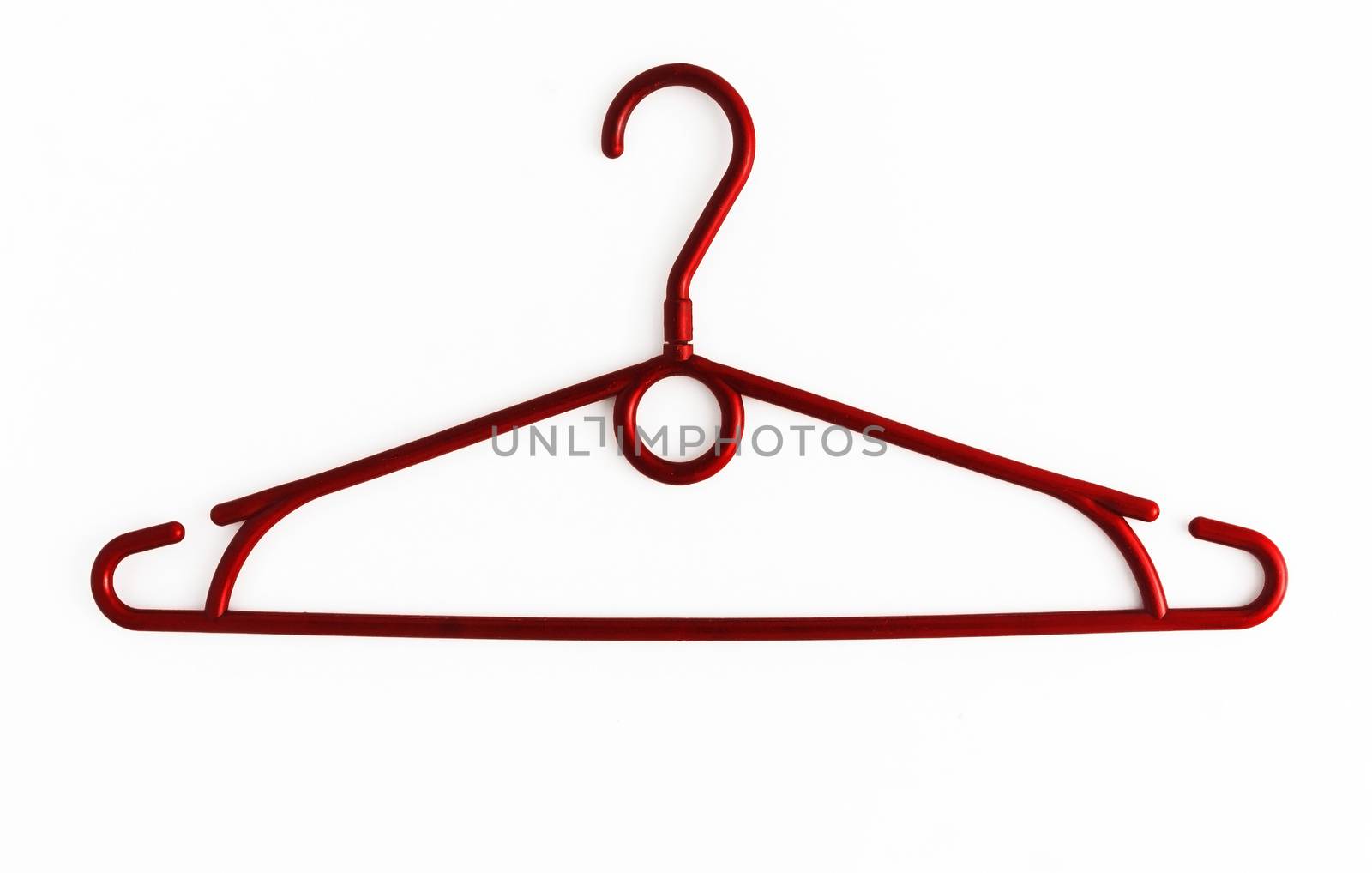 One colored plastic hanger, isolated on white background, close-up.