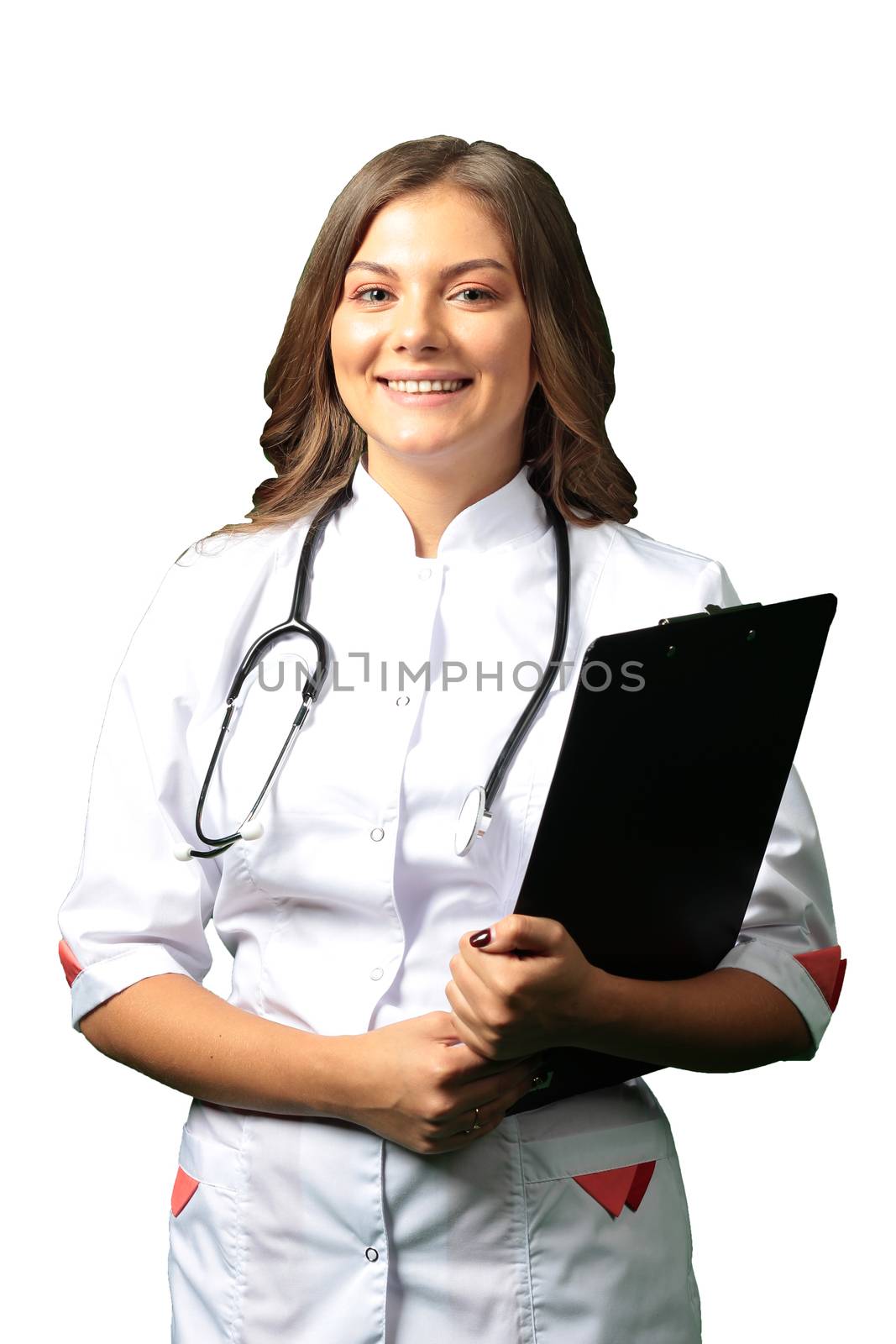 Female doctor in white coat isolated on white background