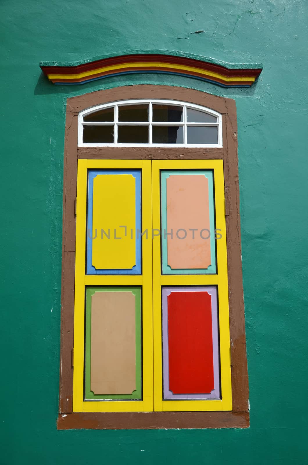 Colorful windows and details on a colonial house in Little India, Singapore