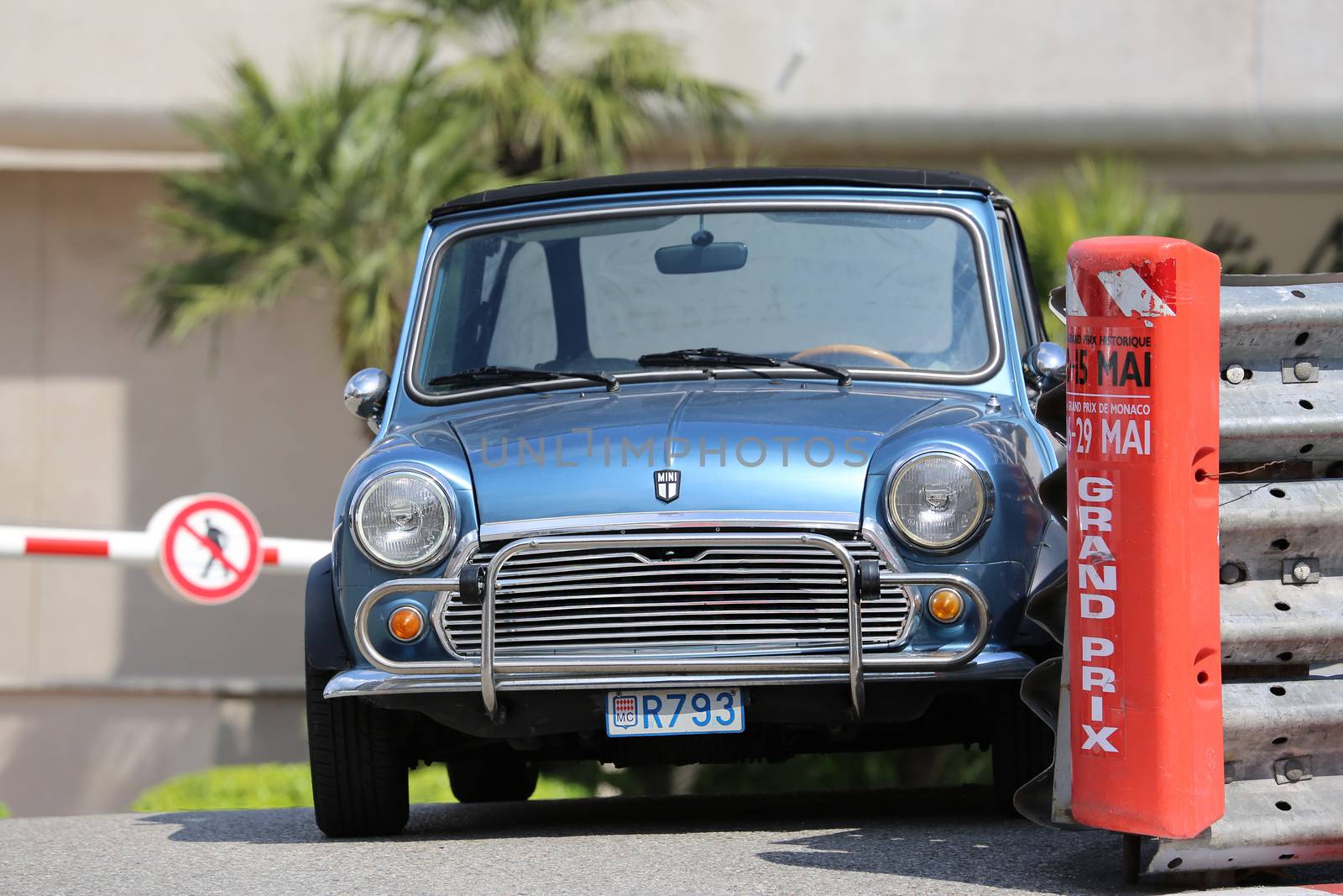 Monte-Carlo, Monaco - May 18, 2016: Blue Retro Car Austin Mini Cooper (Front View) At The City Street in Monaco, French Riviera